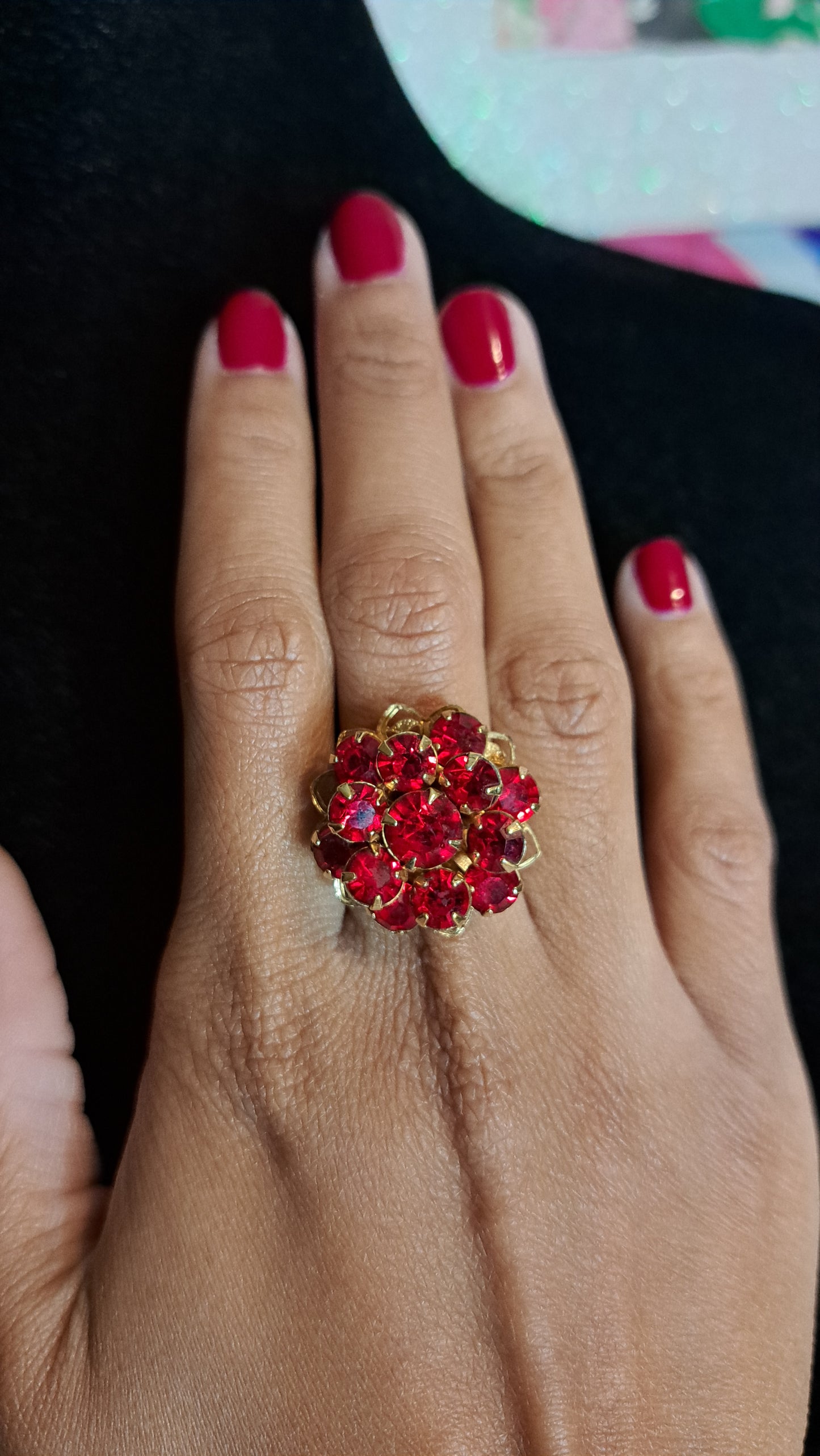 Vtg Signed Emmons Adjustable Ruby Red Clusters Gemstone Ring SZ 6-10