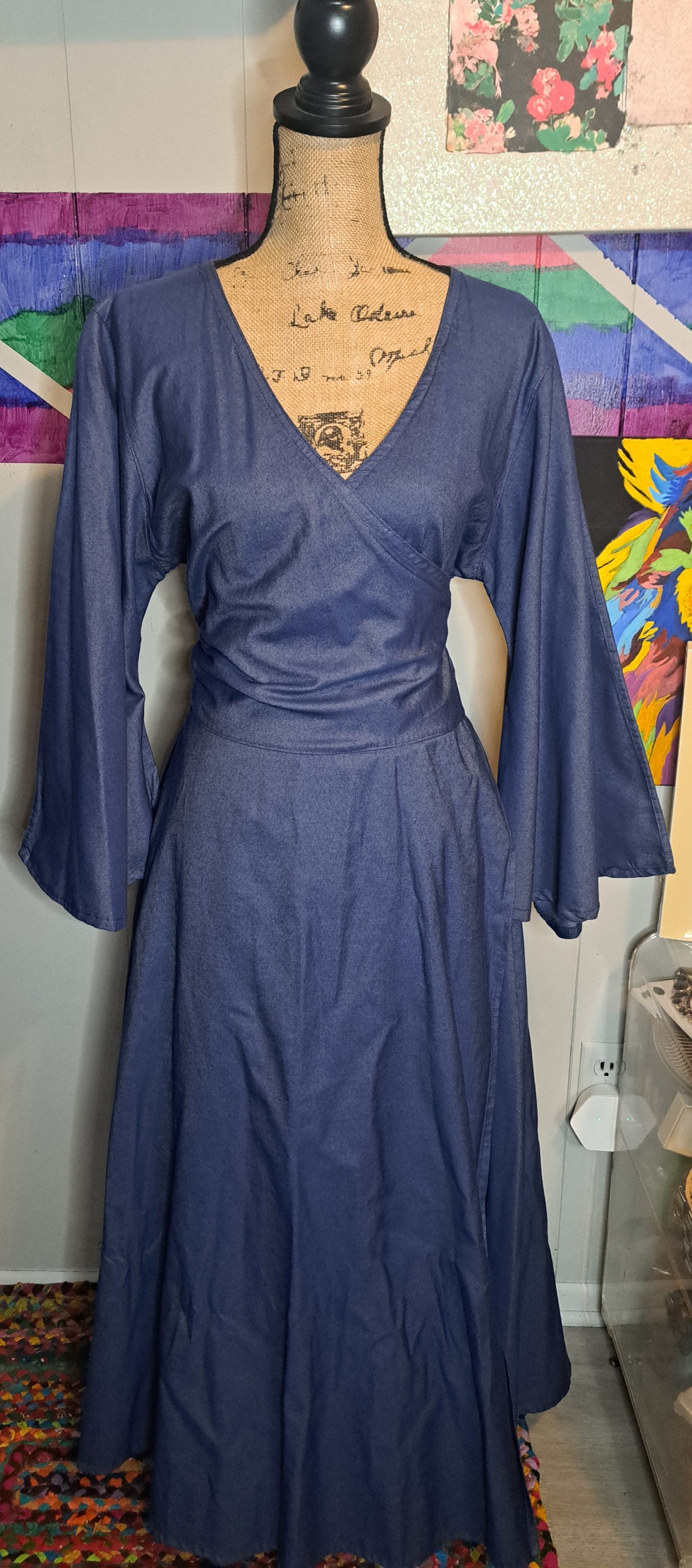 Adjustable Denim Maxi Dress with Pockets and Bell Sleeves Tagged One Size (Best Fits L-1X) Ptp 24-26in