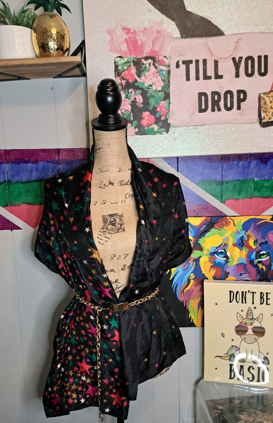 Vtg Perry Ellis Silk Blk/Multicolored Star Print Scarf 17x64in