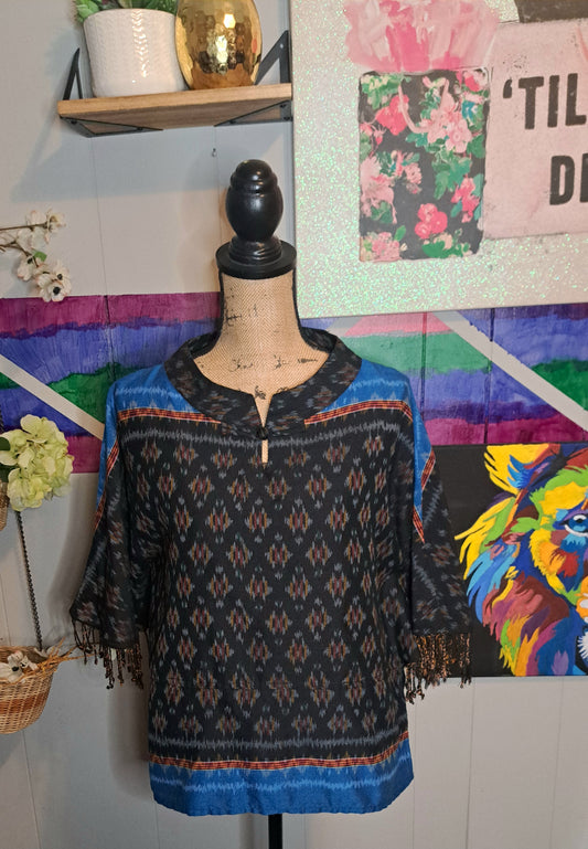 Vtg Poncho Style Fringe Top No Size Fits S/M (Ptp 21in)