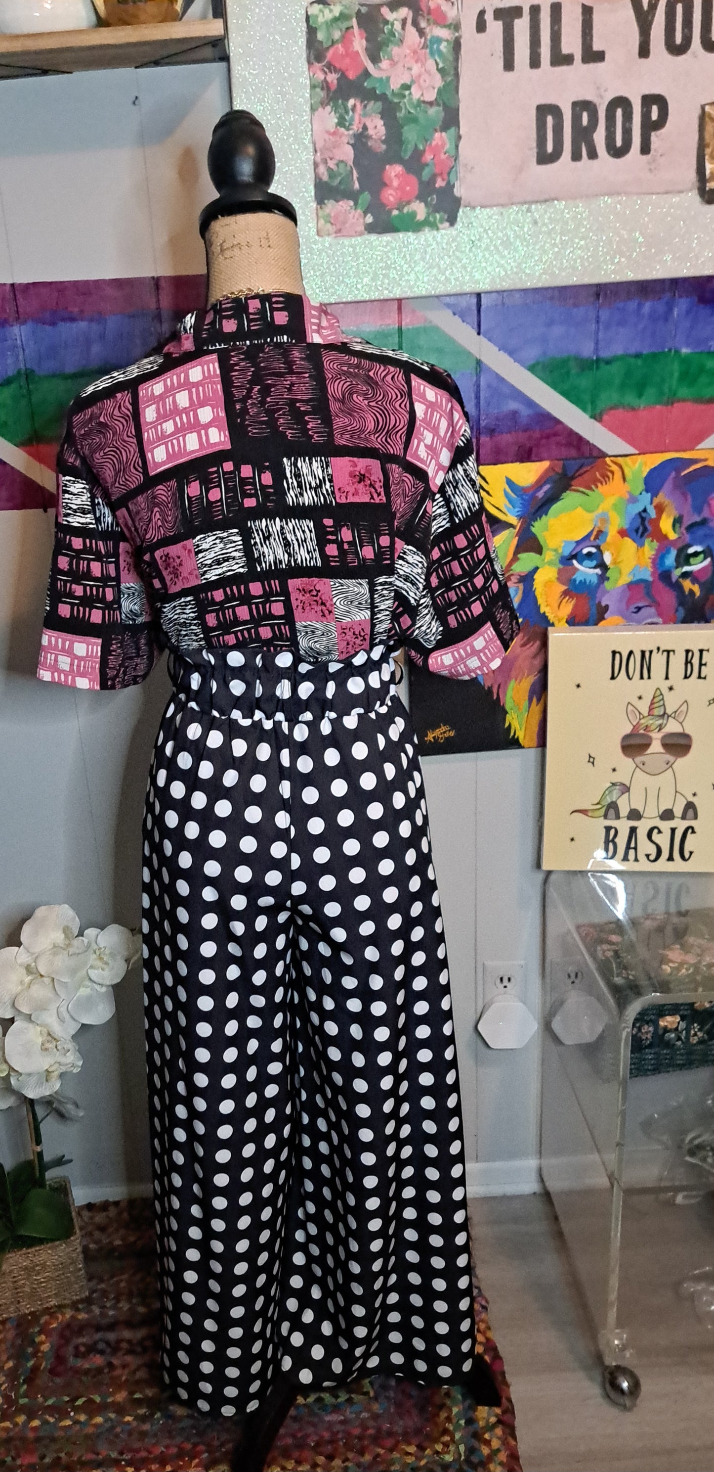 BUNDLE DEAL🚨 Vtg Pink Multicolored Button Down Top SZ 2X (ptp 26in) & NWOT Blk/Wht Polka Dot Wide Legs Paperbag Ankle Pants with Belt Loops SZ 3XL Waist 18-25in*** SET BEST FITS 1X/2X