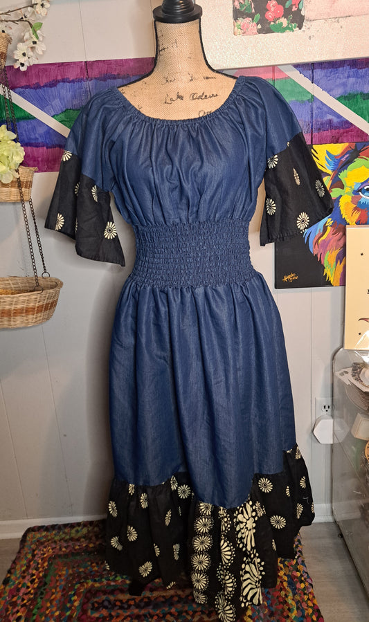 Denim/Black & Creme Bell Sleeve Dress with Elastic Waist (One Size) Best Fits Small-Large