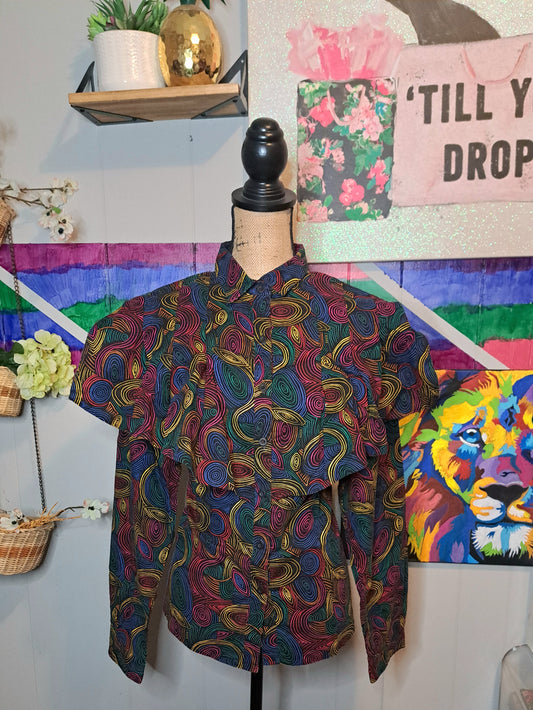 Vtg Circle T Blk Multicolored Exaggerated Ruffled Collar Button Down Top SZ 17/18 (Ptp 22.5in) Best Fits 12/14