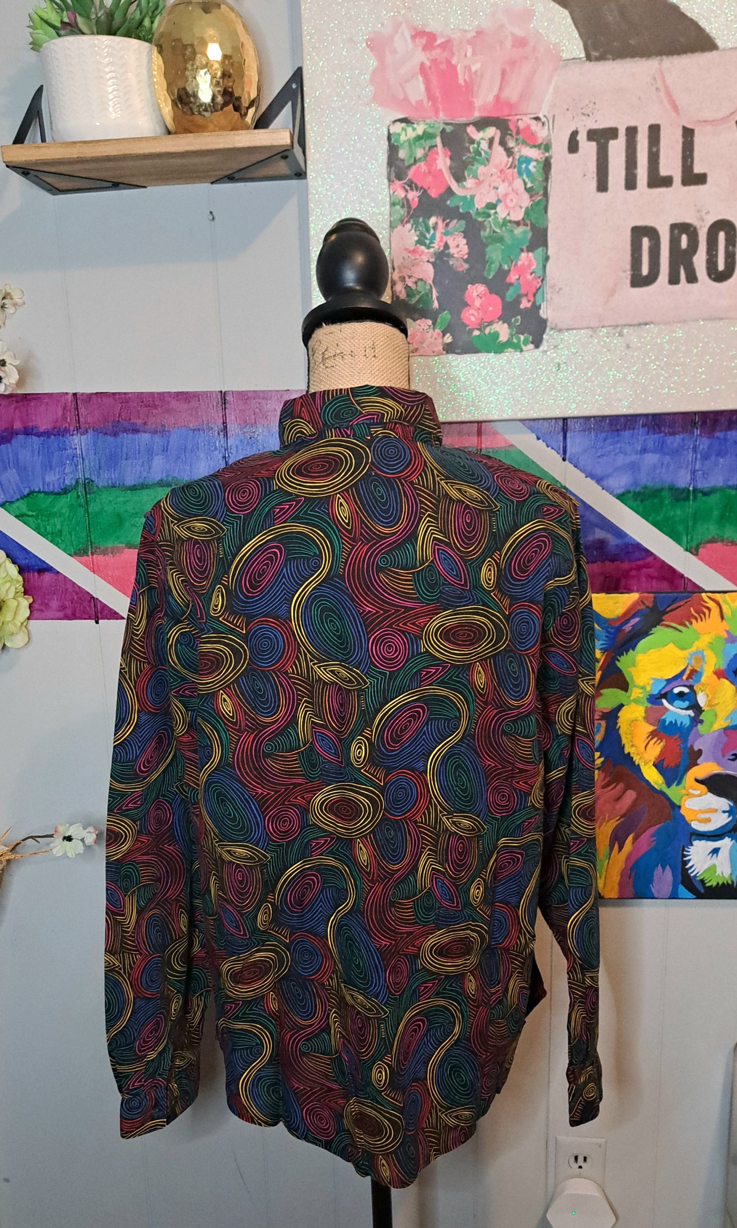 Vtg Circle T Blk Multicolored Exaggerated Ruffled Collar Button Down Top SZ 17/18 (Ptp 22.5in) Best Fits 12/14