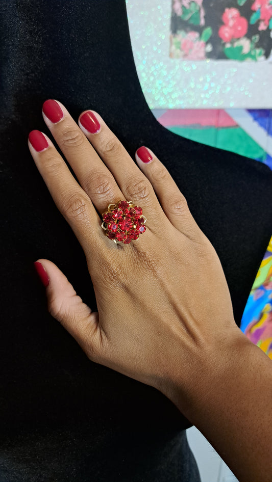 Vtg Signed Emmons Adjustable Ruby Red Clusters Gemstone Ring SZ 6-10