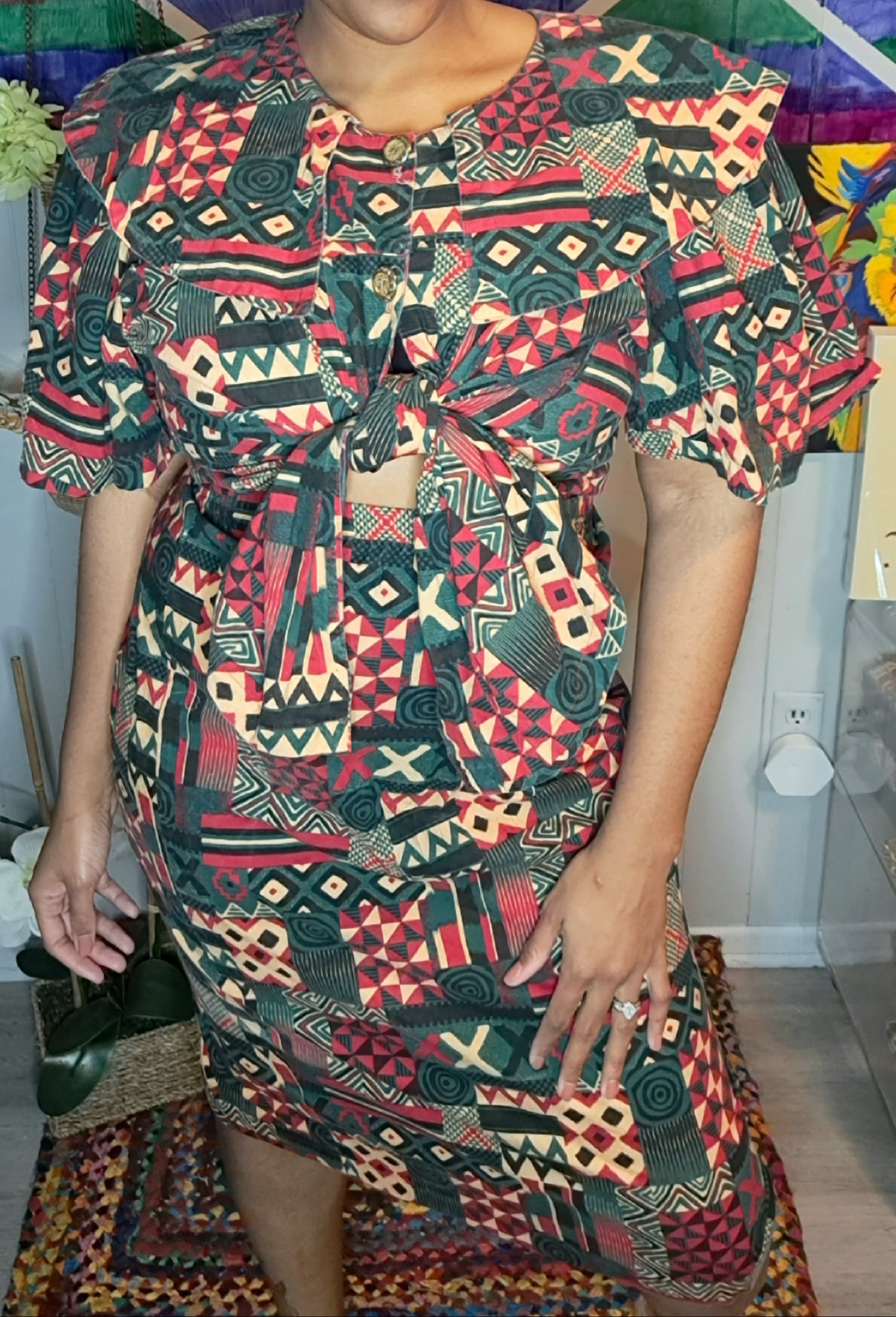 Vtg 2pc African Tribal Multicolor Skirt Set SZ 1X (Top ptp 26in Skirt Waist 19-22in Hip 23in-25)