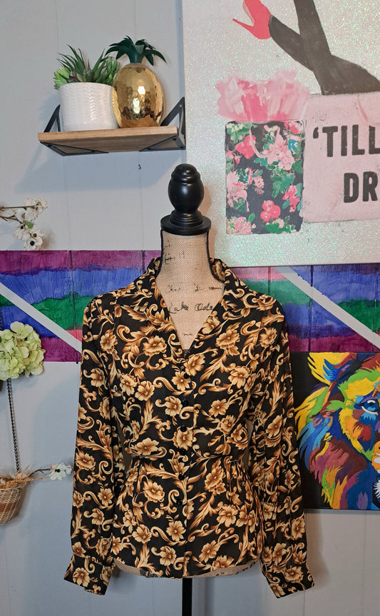 Vtg Gold/Blk Semisheer Cinched Waist Baroque Print Top SZ 10 (Fits up to a 12/14) Ptp 24in Waist 17in