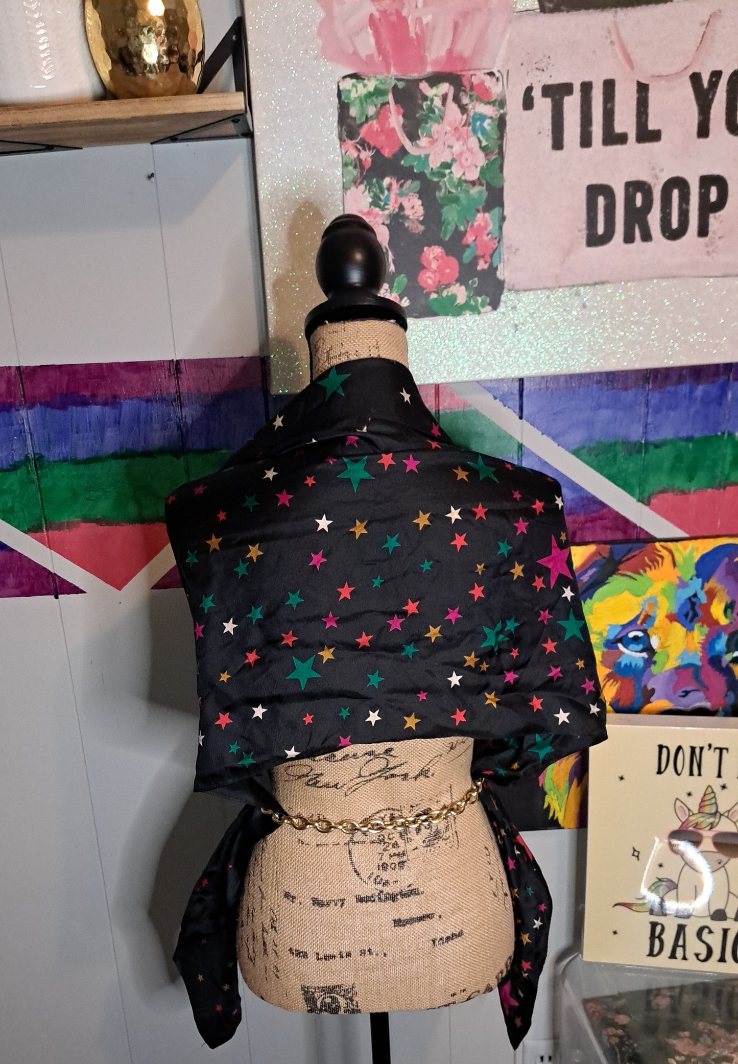 Vtg Perry Ellis Silk Blk/Multicolored Star Print Scarf 17x64in