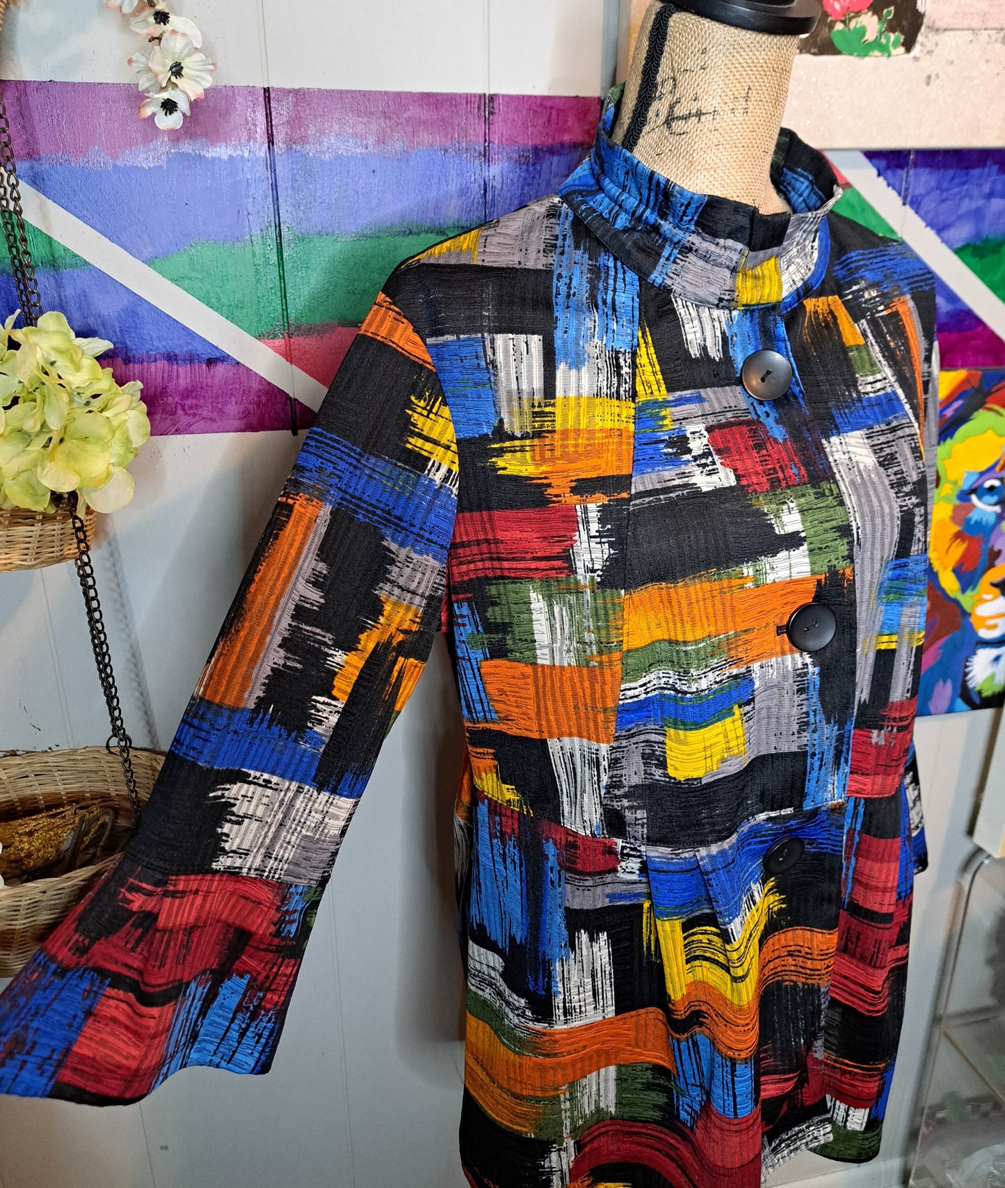 NWOT Multicolored Art Deco Structured Flexible Collar Button Down Top with Bell Sleeves SZ Large (Fits up to an XL)