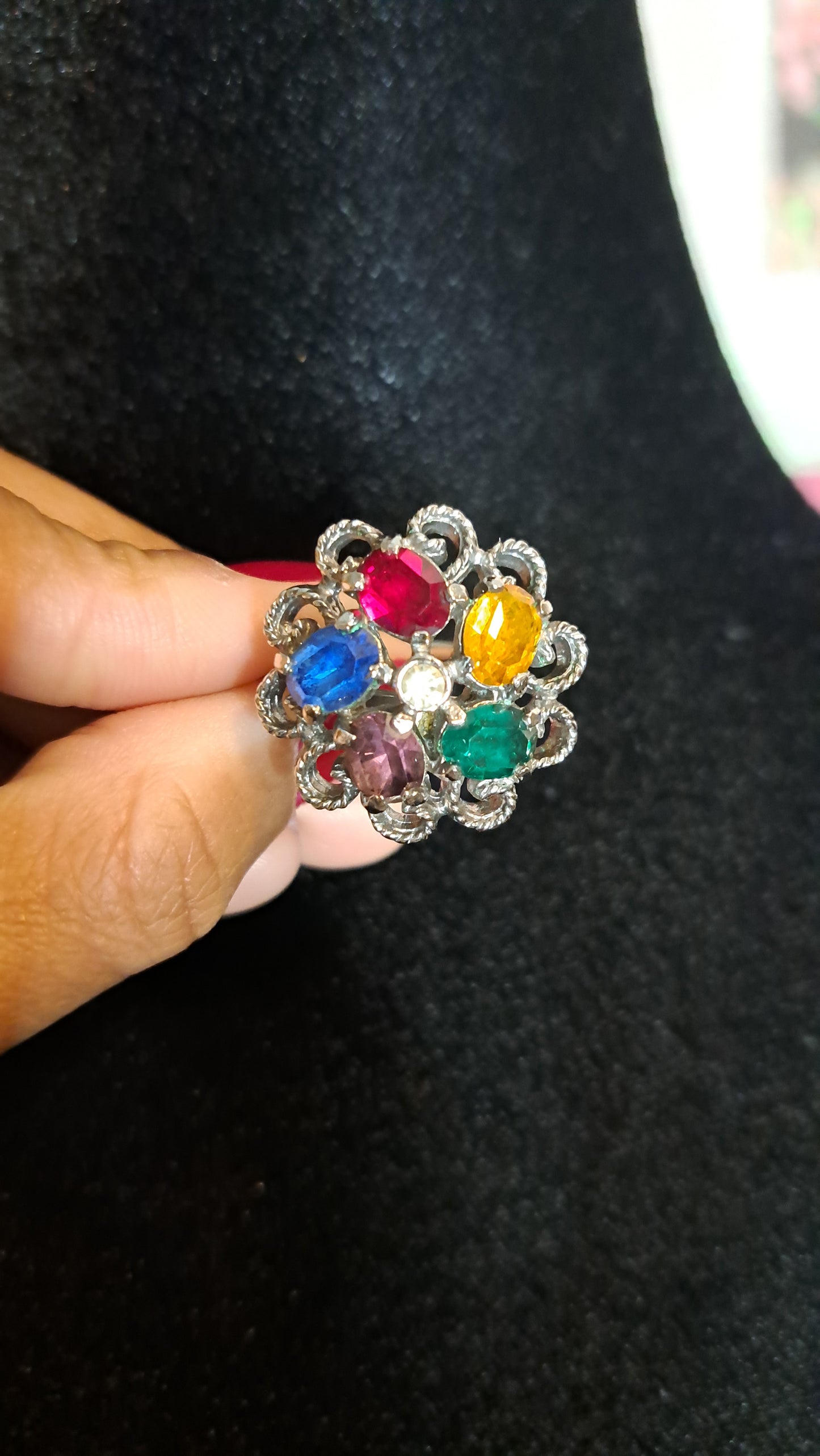Vtg Signed Emmons Silver Tone/Multicolored Gemstone Adjustable Ring SZ 6-10
