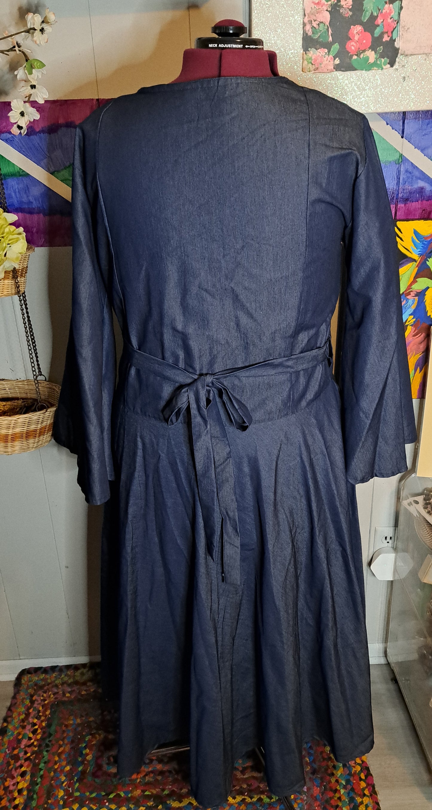 Adjustable Dark Denim Wrap Maxi Dress with Bell Sleeves (Best Fits 1X-3X) Ptp 24-27in
