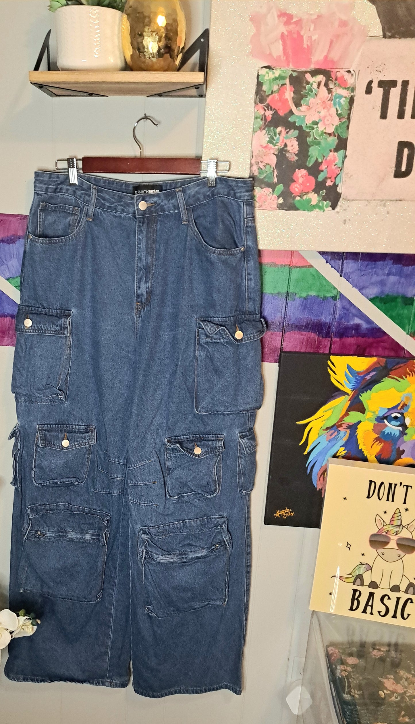 Fashion Nova Cargo Denim Jeans SZ 15 (Best Fits SZ 14/16) Waist 19in Hip 26in