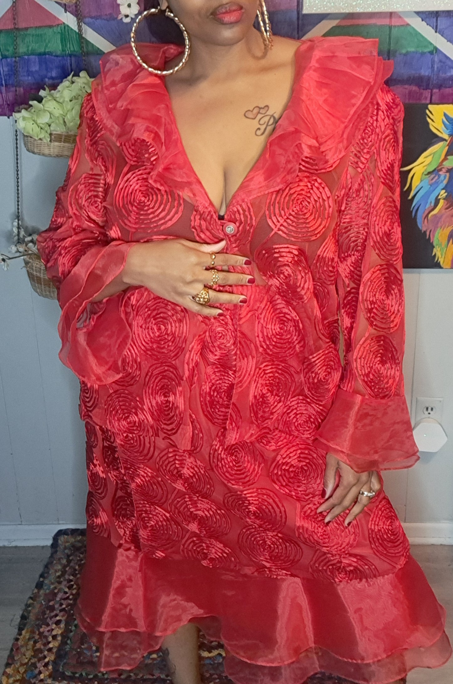 Vtg Red Semisheer Embroidered Duster & Skirt Set SZ 4X (BEST Fits 2X/3X) Ptp 28in Waist 19-28in