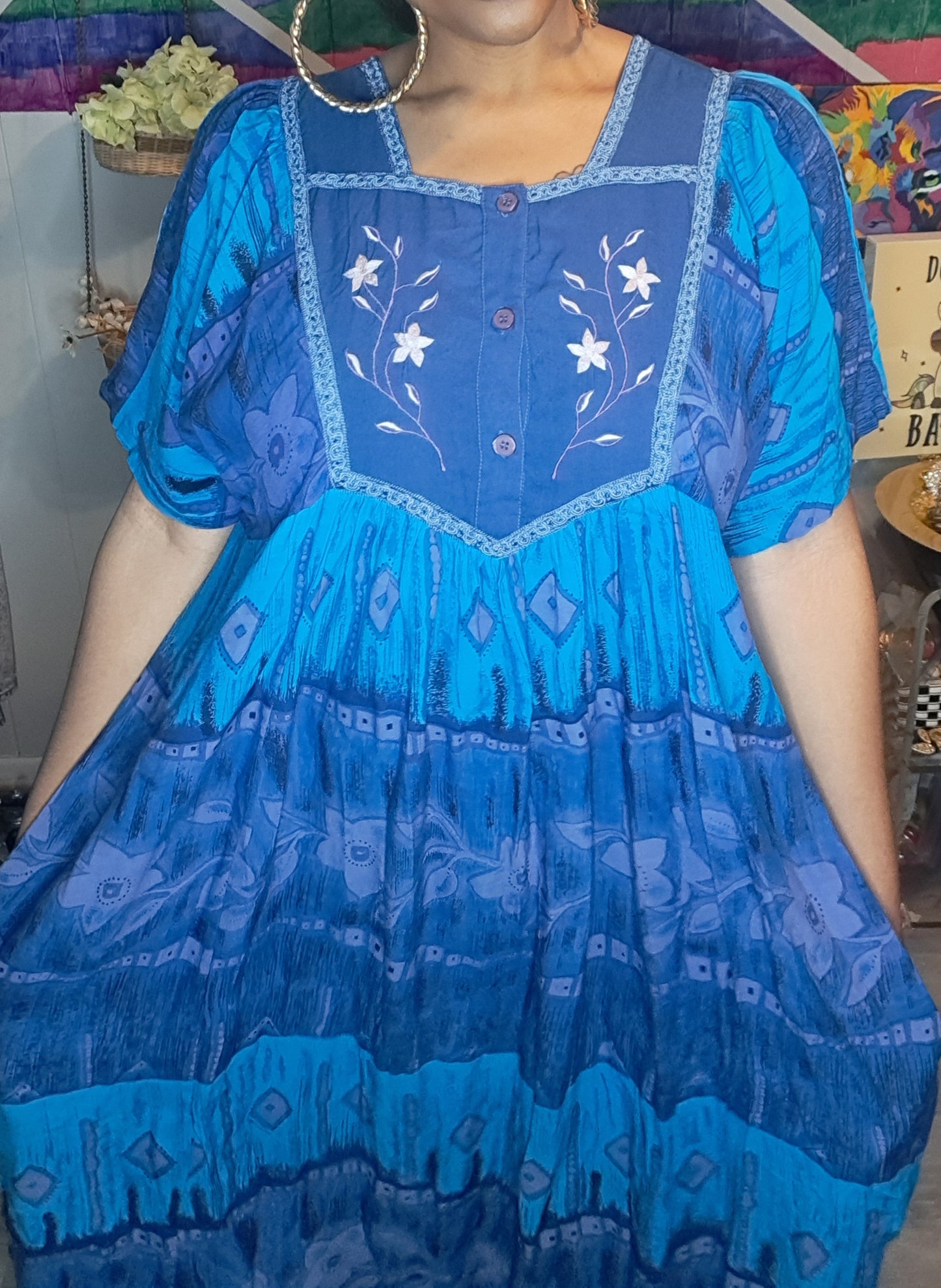 Nwt Vtg Roman's Blue Denim Embroidered Mumu Dress with Pockets SZ 14W/16W