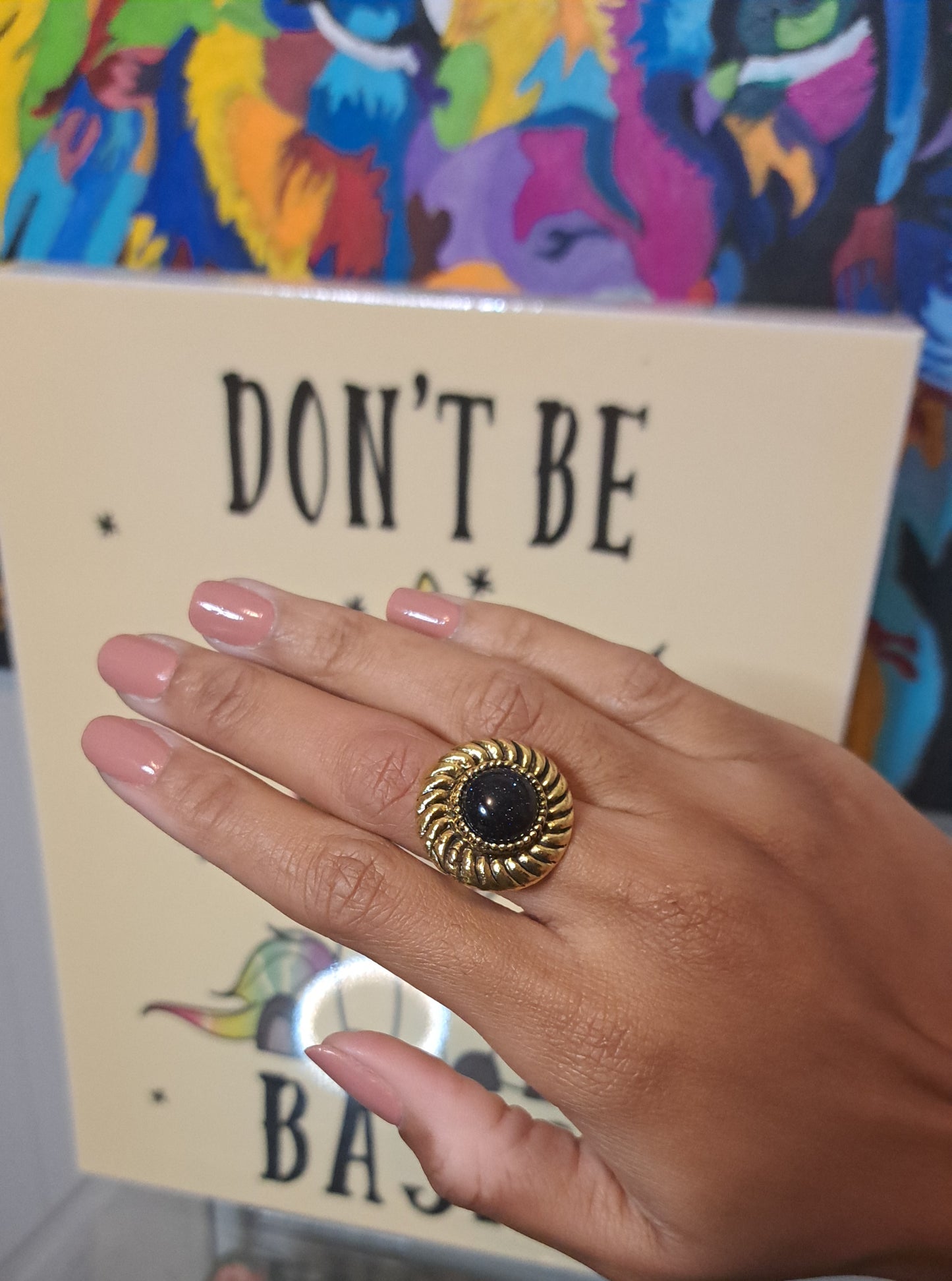 Vtg Inspired Antique Style Rounded Shimmer Midnight Blue Stone Adjustable Ring (Best Fits 6-10)