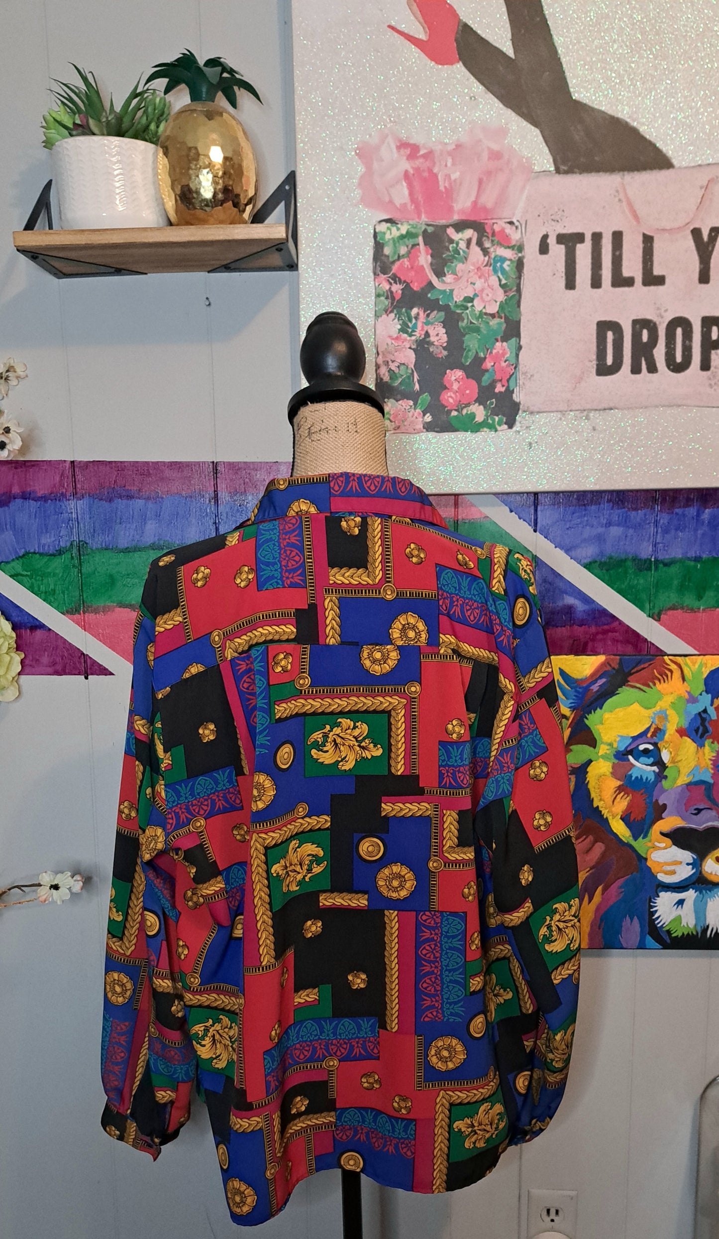 Vtg Alfred Dunner Colorblock Baroque Print Button Down Top SZ 20 (Best Fits 14/16) Ptp 24.5in