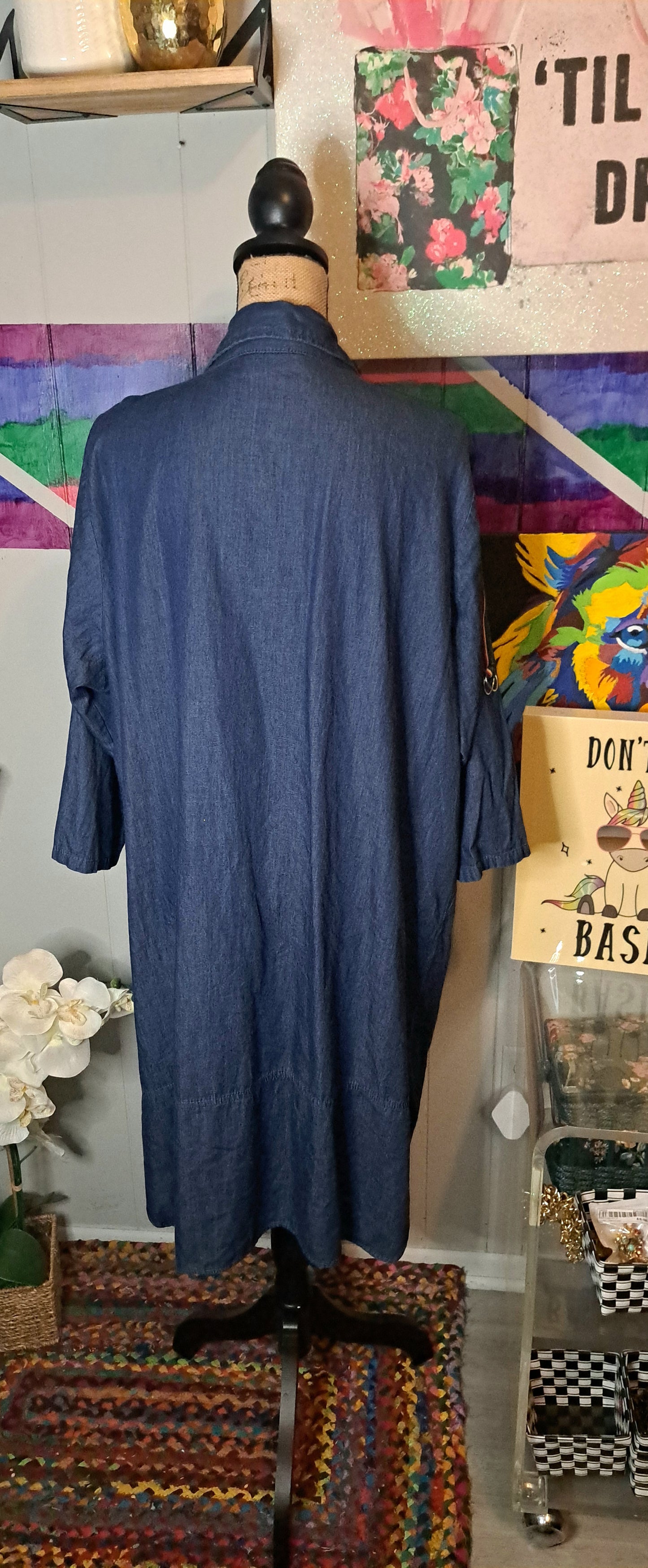 Dark Denim with Multicolored Shoulder PinstripesShirt Dress/Duster SZ 3X (ptp 27in)