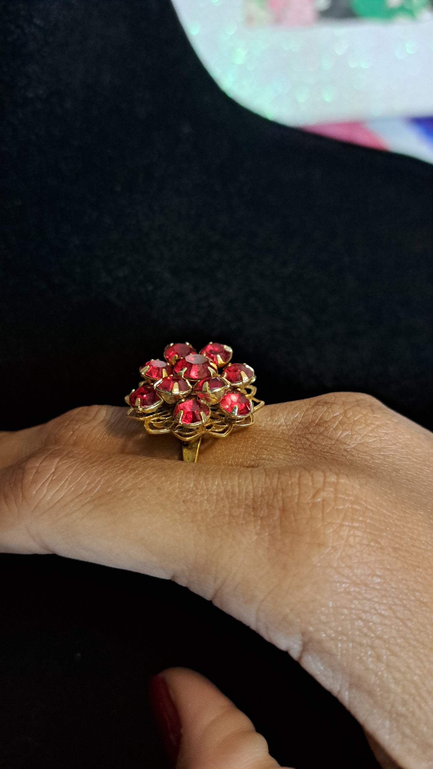 Vtg Signed Emmons Adjustable Ruby Red Clusters Gemstone Ring SZ 6-10