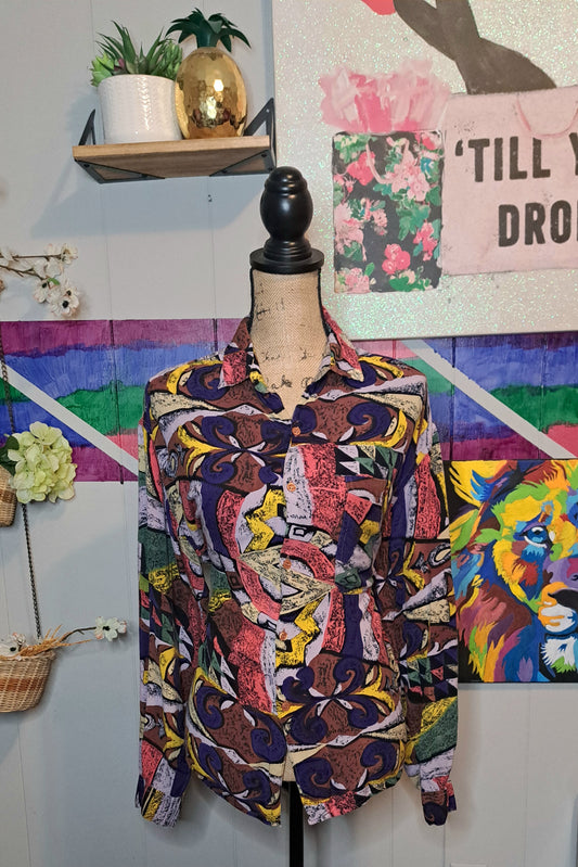 Vtg TRIBE Abstract Multicolored Button Down Top SZ Large (ptp 24.5in)