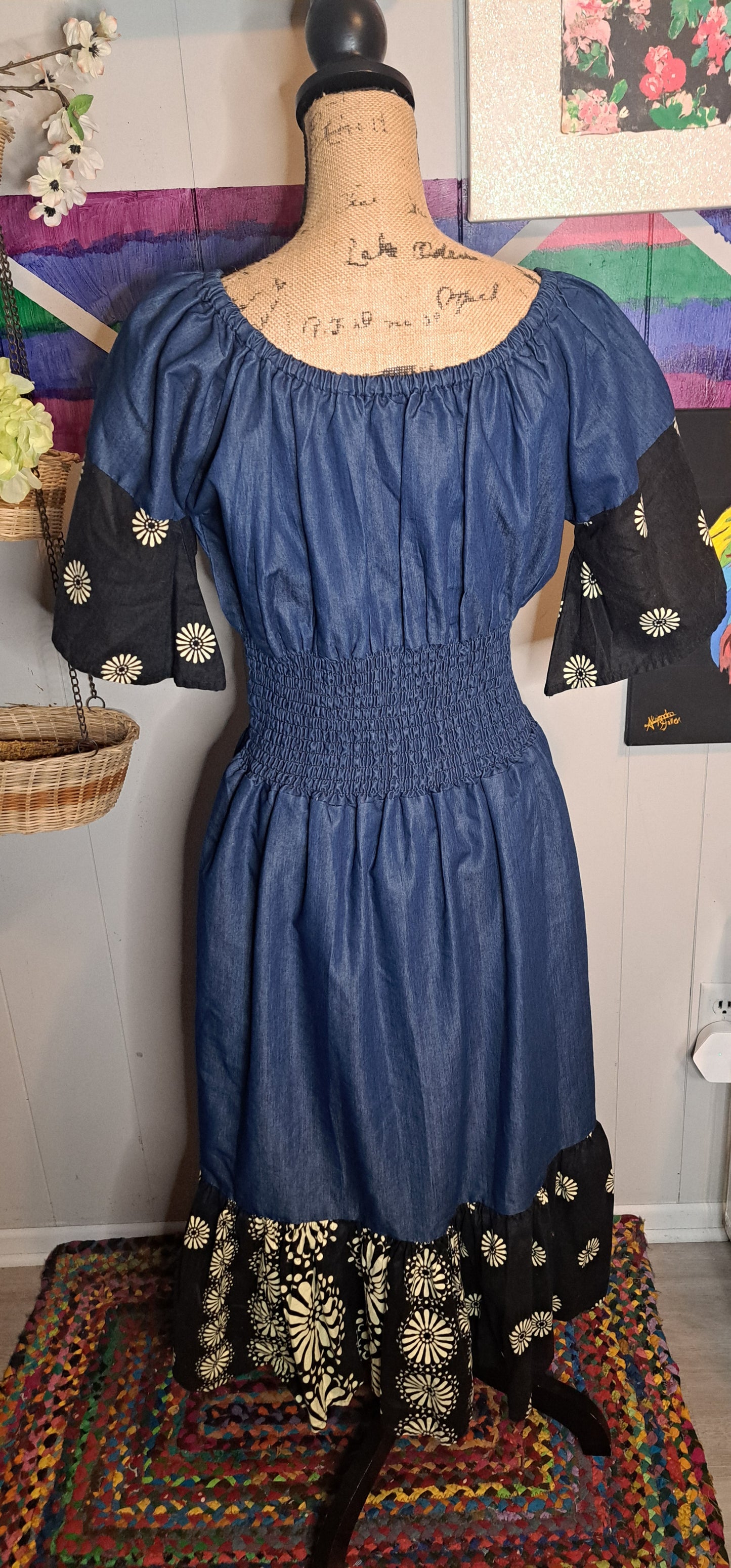 Denim/Black & Creme Bell Sleeve Dress with Elastic Waist (One Size) Best Fits Small-Large