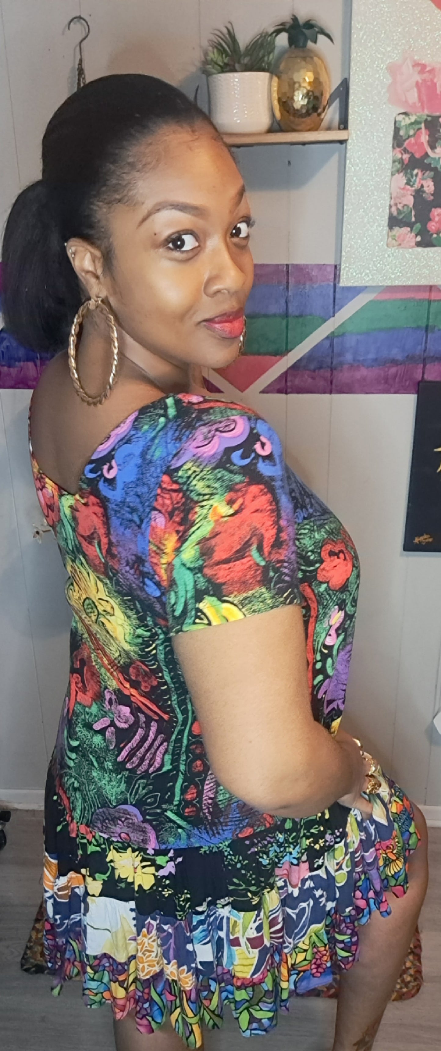 Vtg Jams World Multicolored Patchwork Print Dress SZ XL ptp 24in