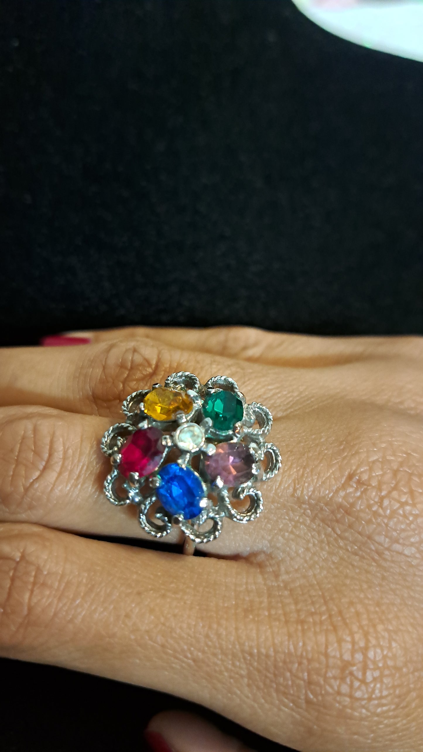 Vtg Signed Emmons Silver Tone/Multicolored Gemstone Adjustable Ring SZ 6-10