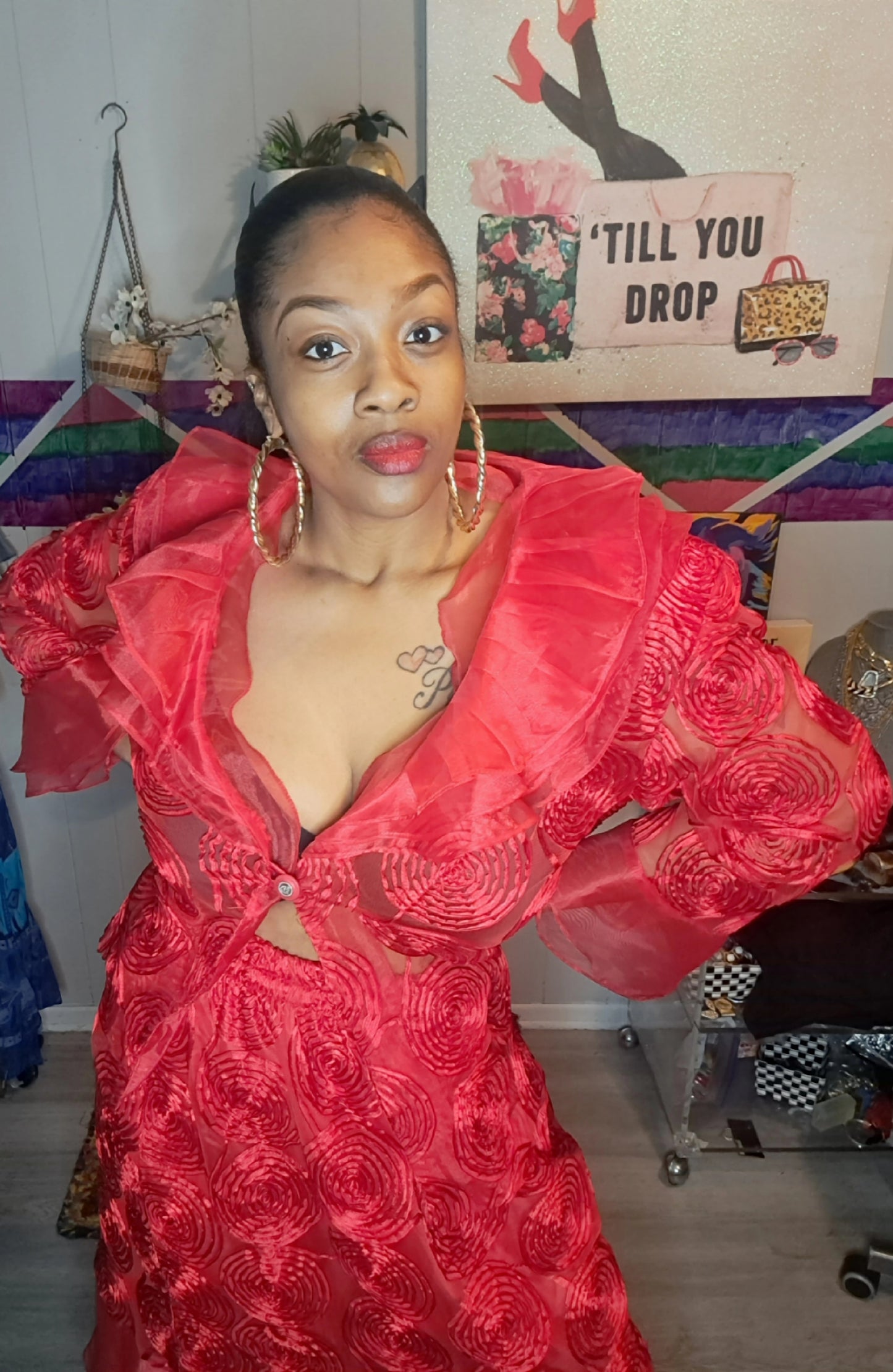 Vtg Red Semisheer Embroidered Duster & Skirt Set SZ 4X (BEST Fits 2X/3X) Ptp 28in Waist 19-28in
