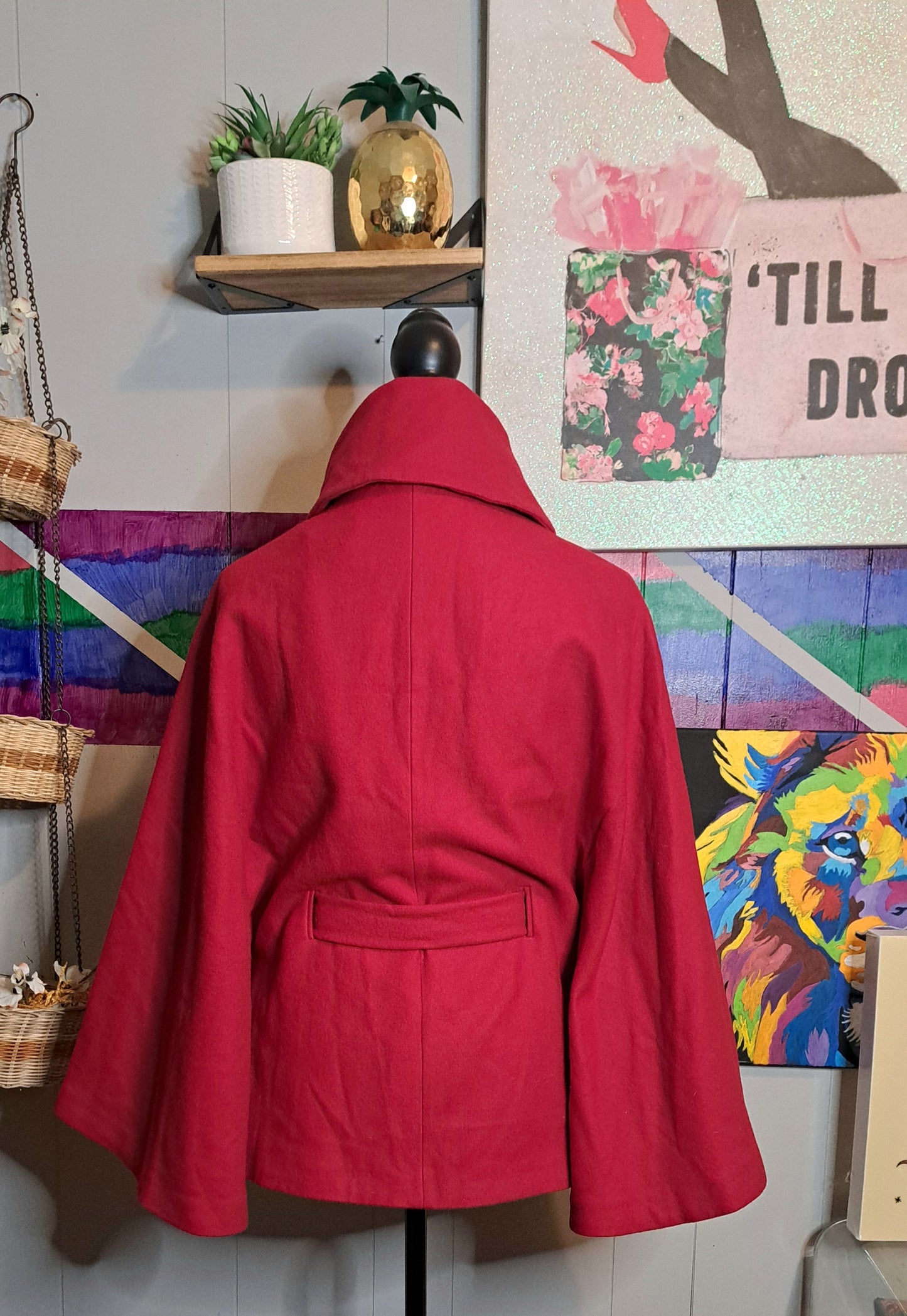 Premium Brand Camí NYC Cherry Red Wool Button Down Cape Coat with Built In Belt SZ Medium