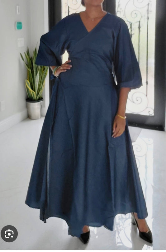 Adjustable Dark Denim Wrap Maxi Dress with Bell Sleeves (Best Fits 1X-3X) Ptp 24-27in