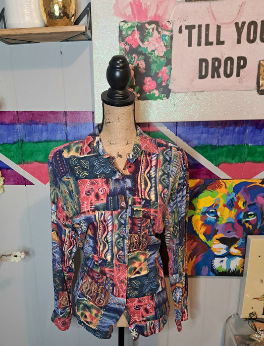 Vtg Multicolored Button Down Top SZ Small (Ptp 20in) Fits up to a Medium