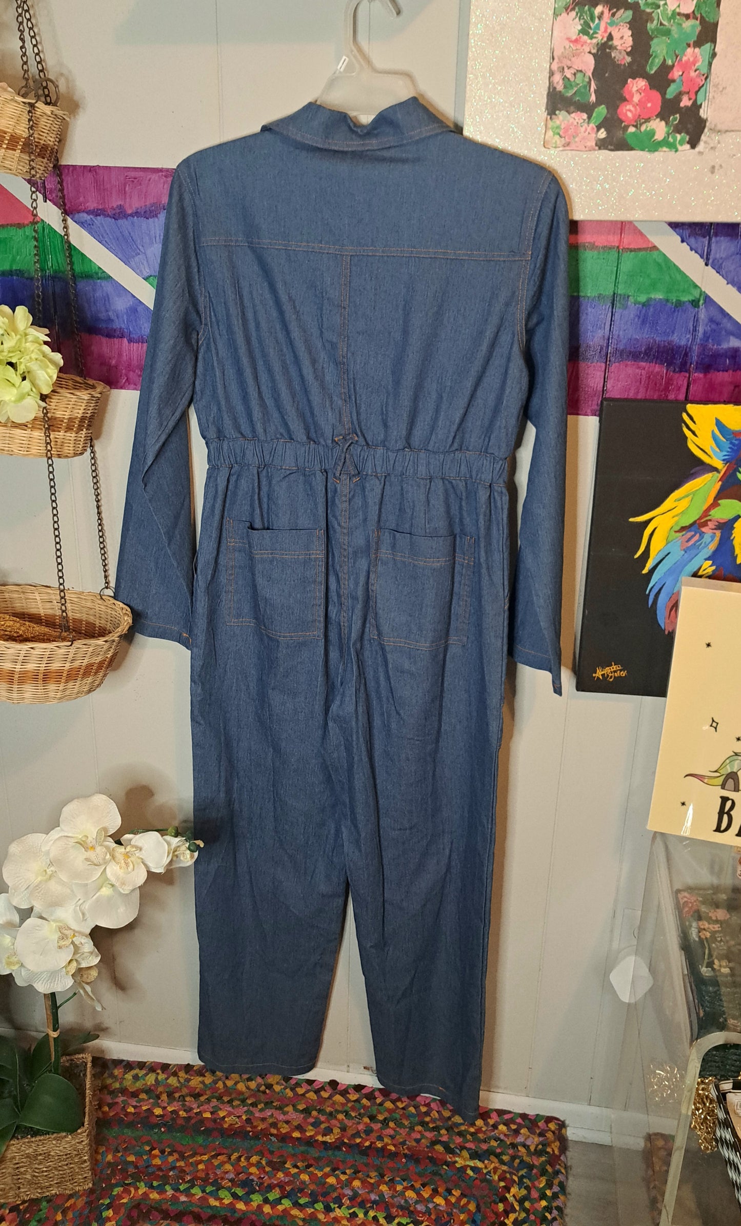 NWT Denim Utility Style Jumpsuit With Belt Loops & Pockets SZ Large with Stretch (ptp 22in)
