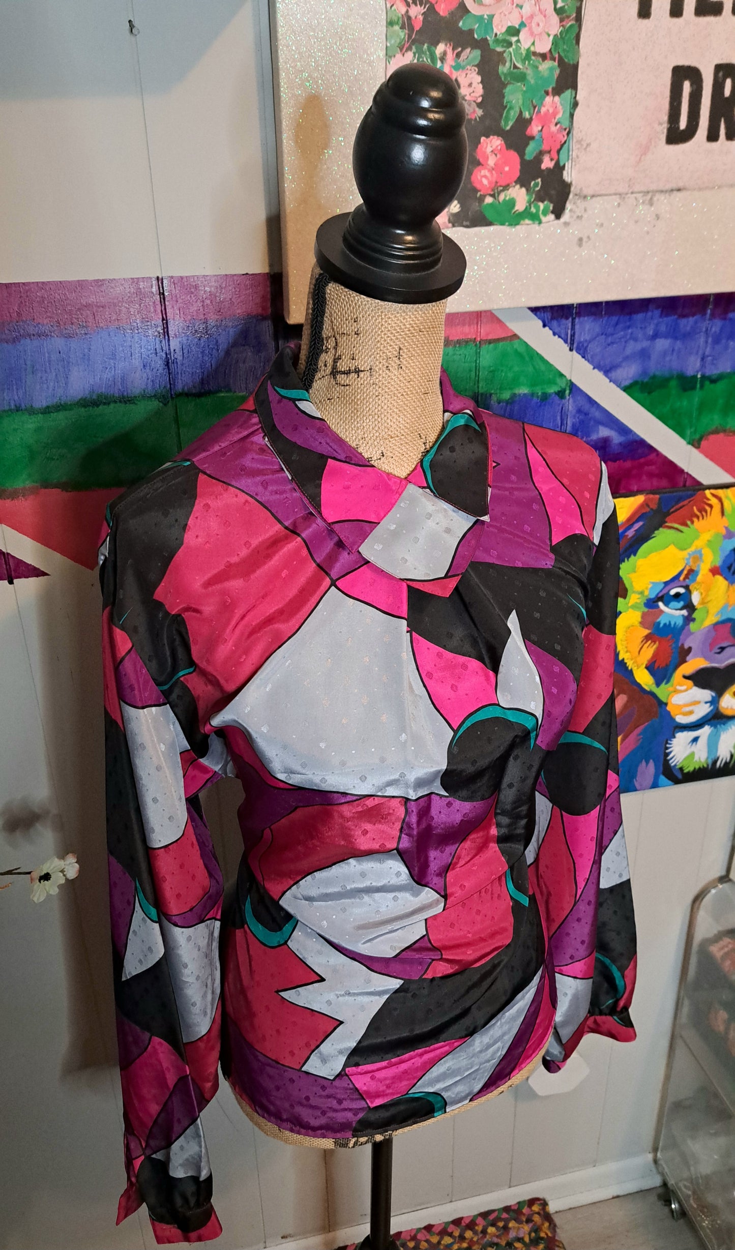 Vtg Ship N Shore Double Collar Multicolored Abstract Print Top SZ 16 (Ptp 24in)