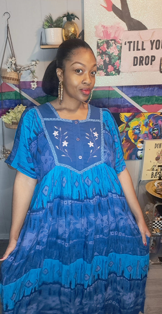 Nwt Vtg Roman's Blue Denim Embroidered Mumu Dress with Pockets SZ 14W/16W