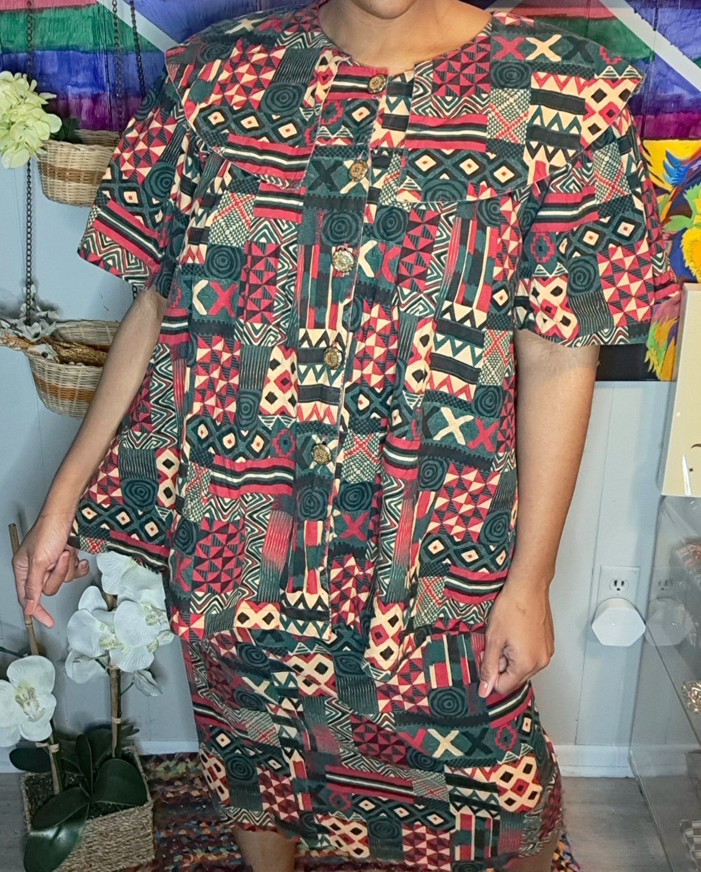 Vtg 2pc African Tribal Multicolor Skirt Set SZ 1X (Top ptp 26in Skirt Waist 19-22in Hip 23in-25)