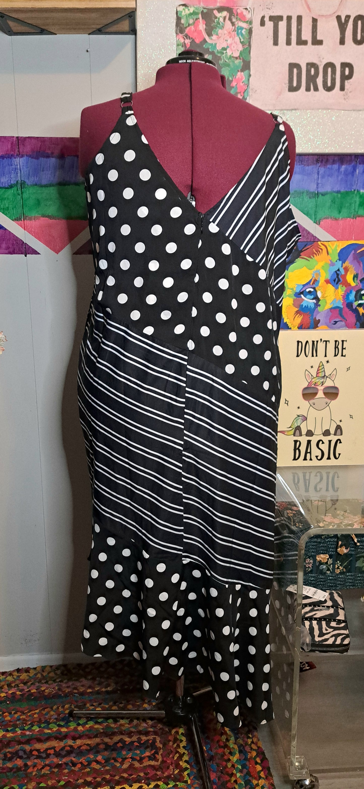 Nwt Ashley Stewart Blk/Wht Polka & Striped Asymmetrical Dress SZ 26/28 (Best Fits 3X)