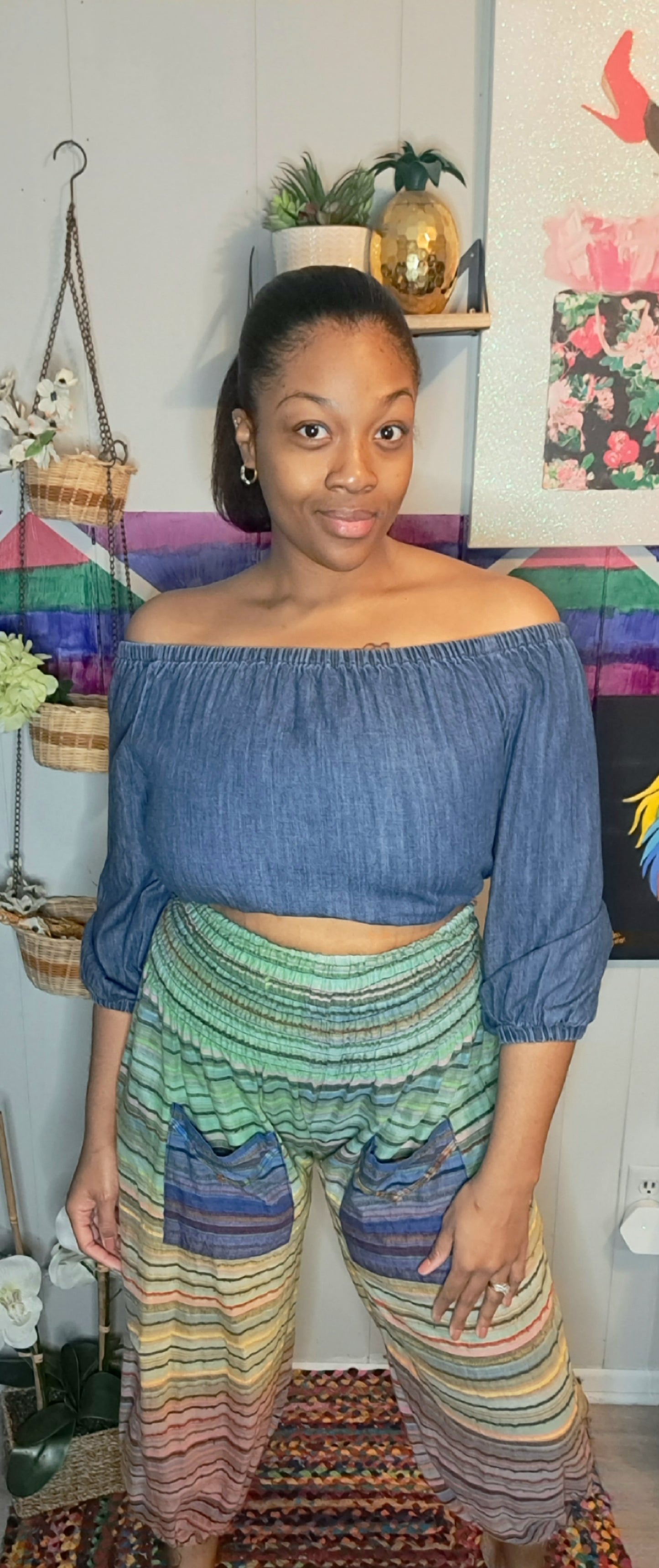BUNDLE DEAL🚨 Vtg Multicolored 100% Cotton Harem Pants with Pockets (FREE SIZE) Fits Small-Large Waist 14-18in Hip 25in & Universal Threads Denim Off Shoulder Top SZ Medium (ptp 22in)