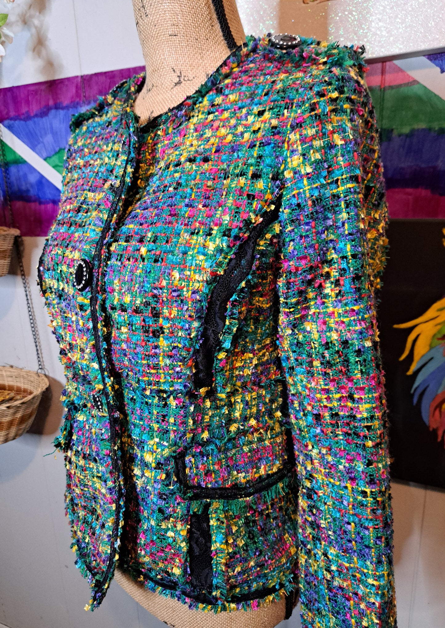 Berek Multicolored Tweed Blazer Jacket with Chunky Blk Rhinestone Buttons and Lace Embroidery SZ Small 6/8 (Ptp 20.5in)