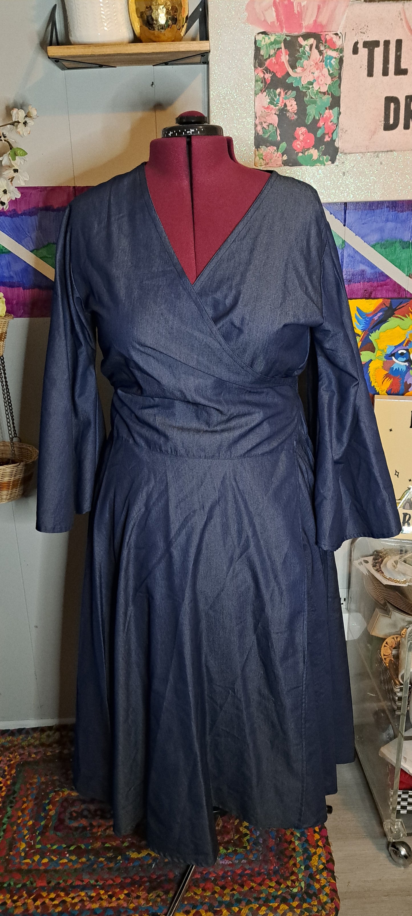 Adjustable Dark Denim Wrap Maxi Dress with Bell Sleeves (Best Fits 1X-3X) Ptp 24-27in