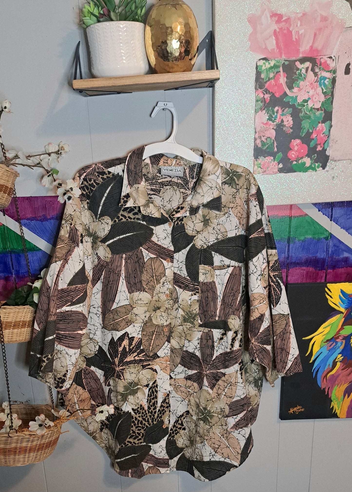 Vtg Venezia Animal/Leaf Print Dolman Sleeve Top Plus Size 1X-3X (Ptp 28in)