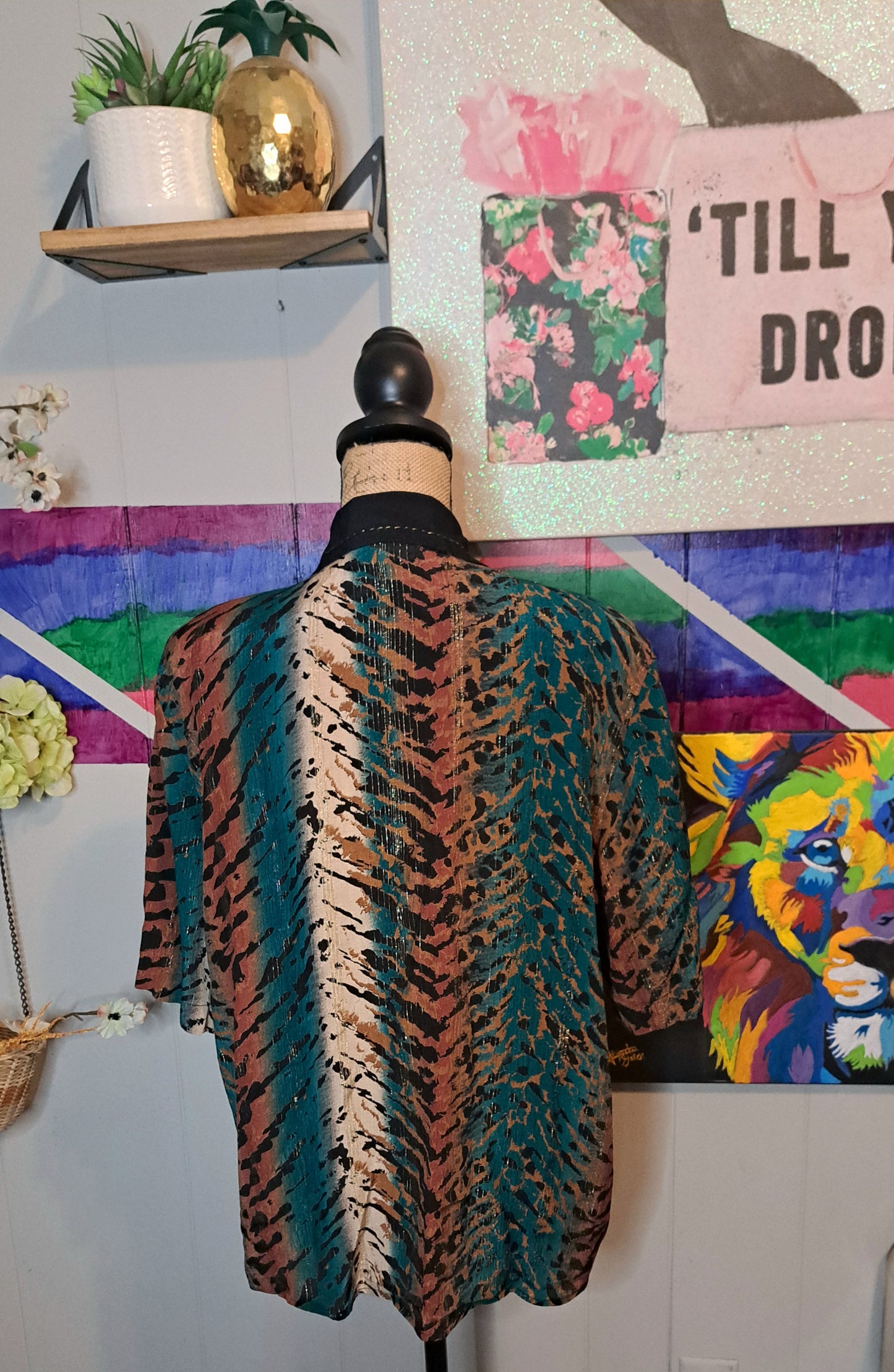 Vtg Carol Little Animal Print Metallic Button Down Shirt No Size (Ptp 24in)