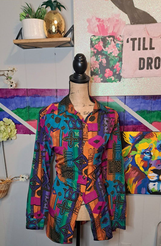 Vtg Multicolored Metallic Print Top SZ Medium (Oversized) Ptp 24in
