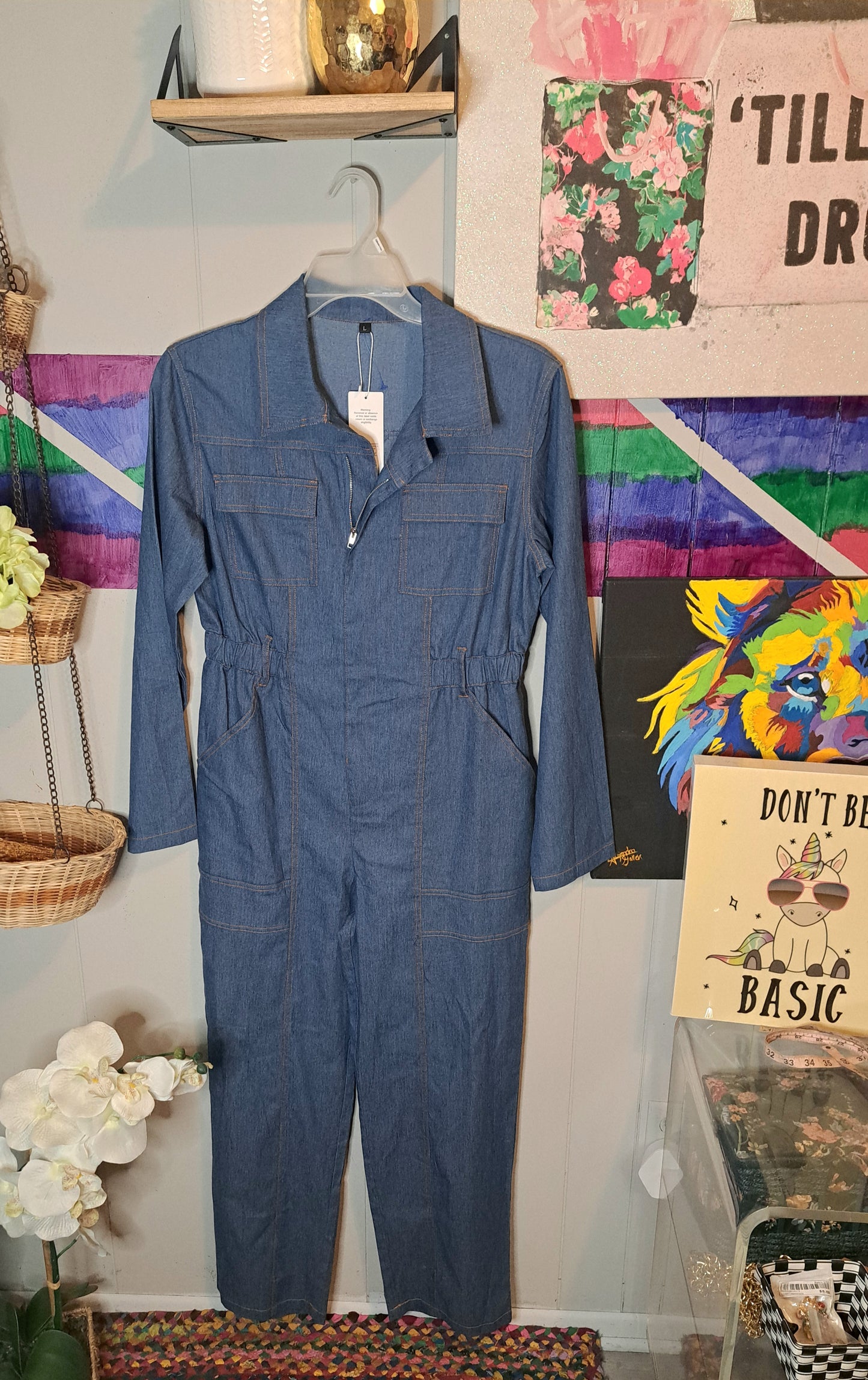 NWT Denim Utility Style Jumpsuit With Belt Loops & Pockets SZ Large with Stretch (ptp 22in)