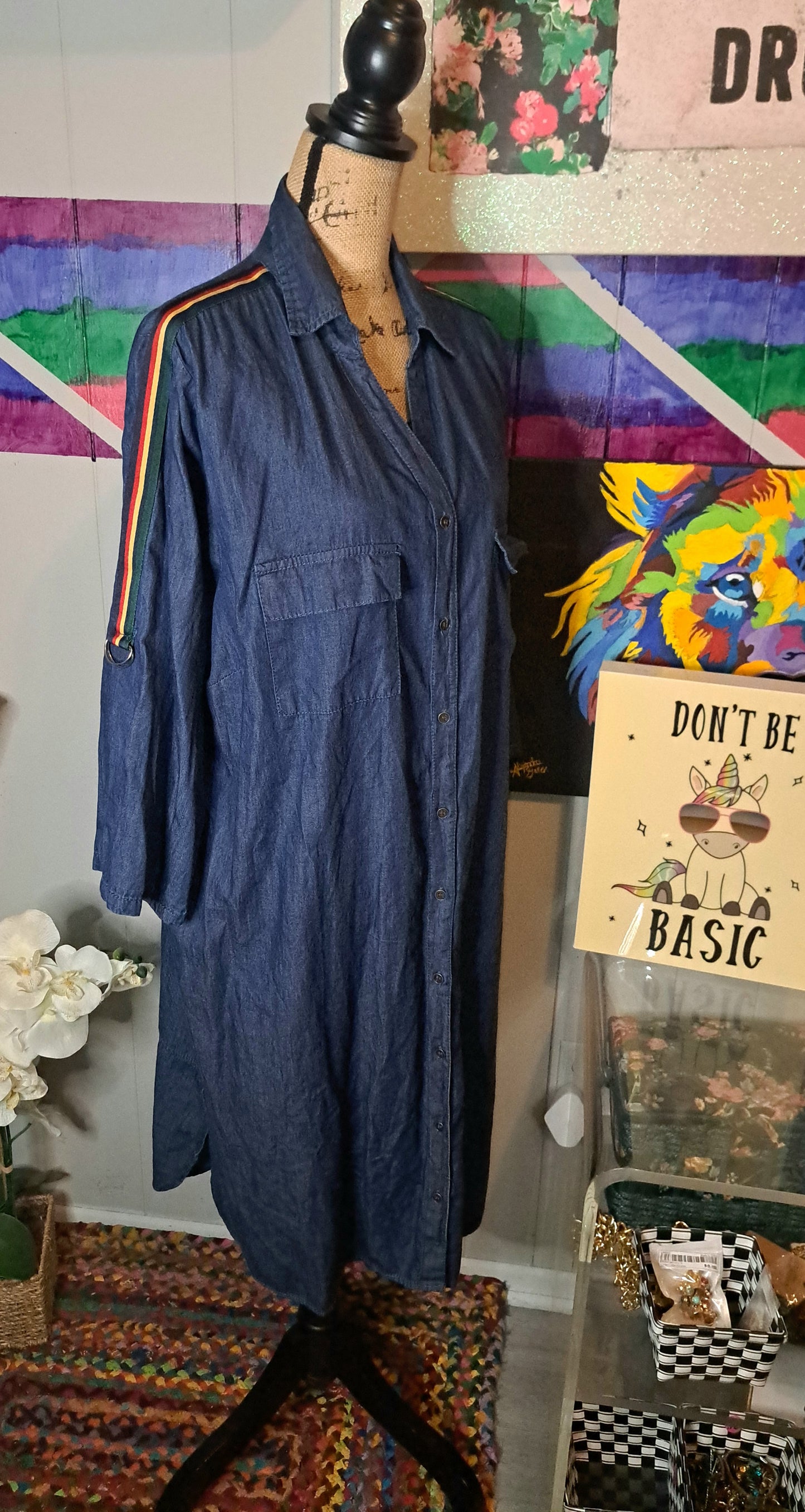 Dark Denim with Multicolored Shoulder PinstripesShirt Dress/Duster SZ 3X (ptp 27in)
