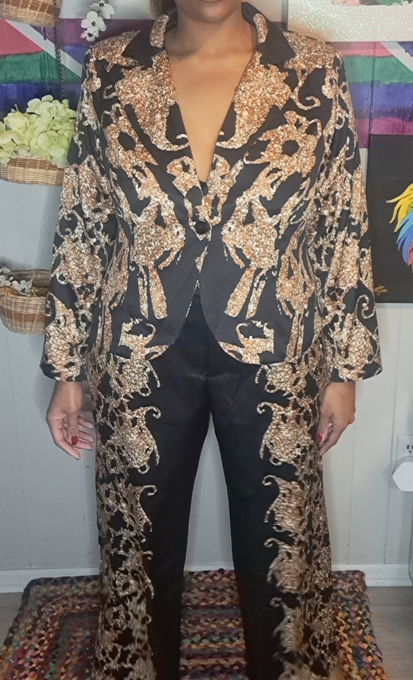 NWT XPlus Wear 2pc Gold/Black Shimmer Printed 2pcs Pant Suit SZ 2XL (18/20) Ptp 27in Waist 21in Hip 27in