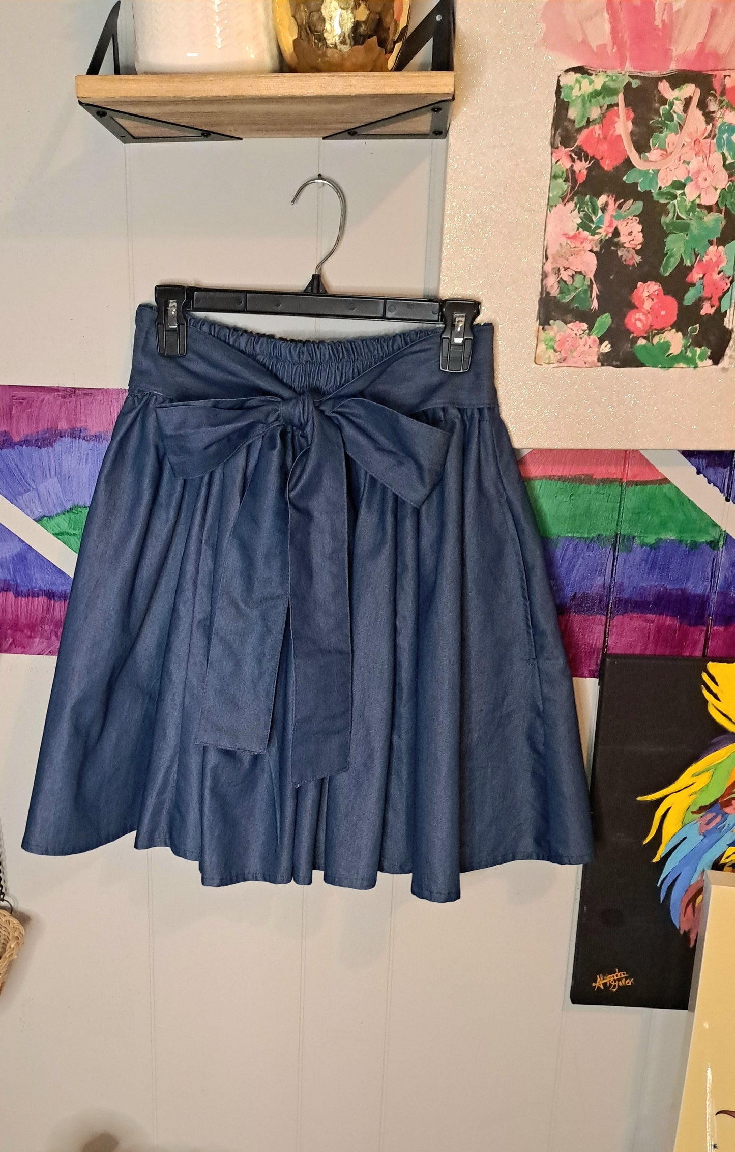 Denim Highwaisted Skater Skirt with Belt & Pockets (FREE SIZE S-1X) 14in-20in