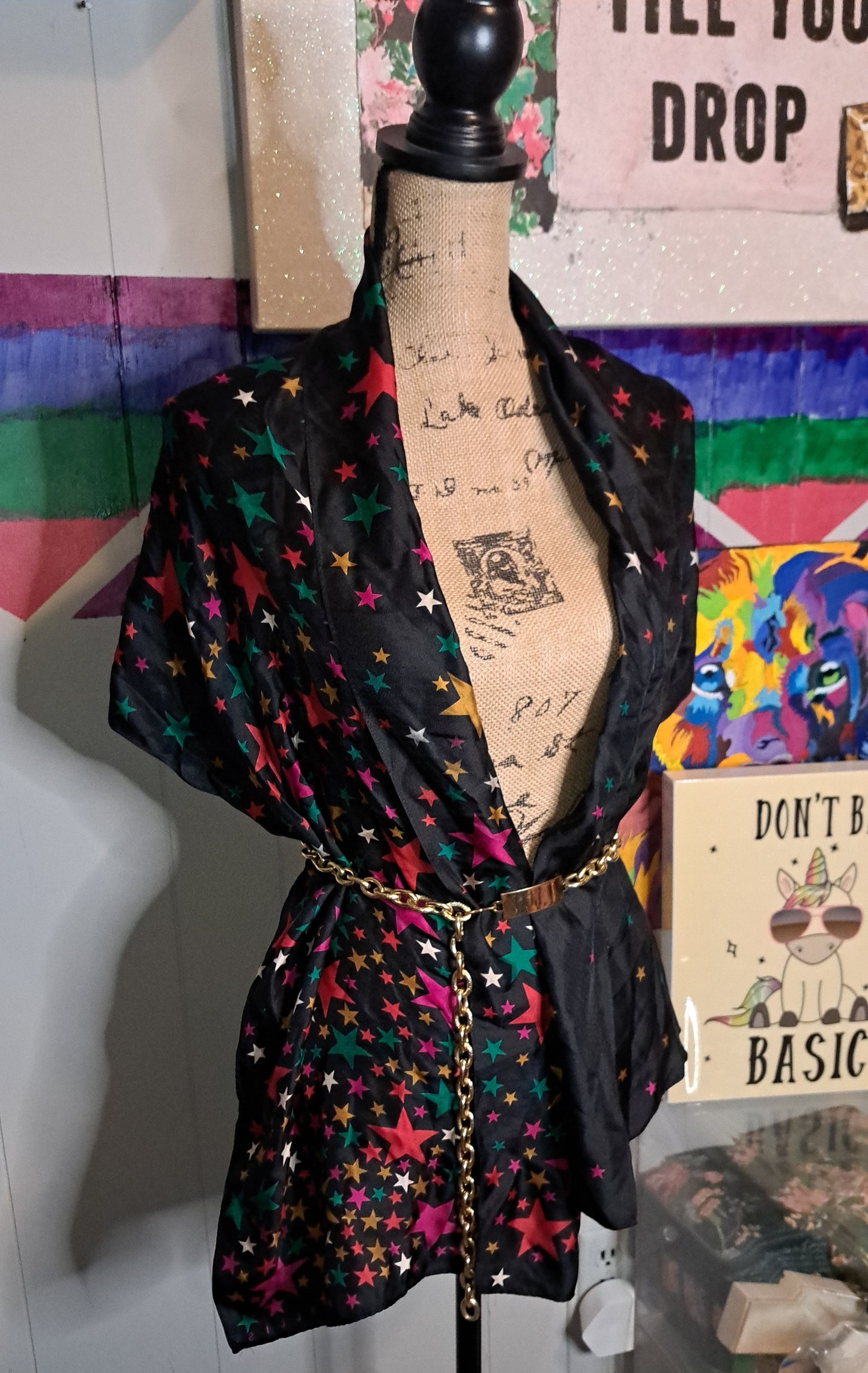 Vtg Perry Ellis Silk Blk/Multicolored Star Print Scarf 17x64in