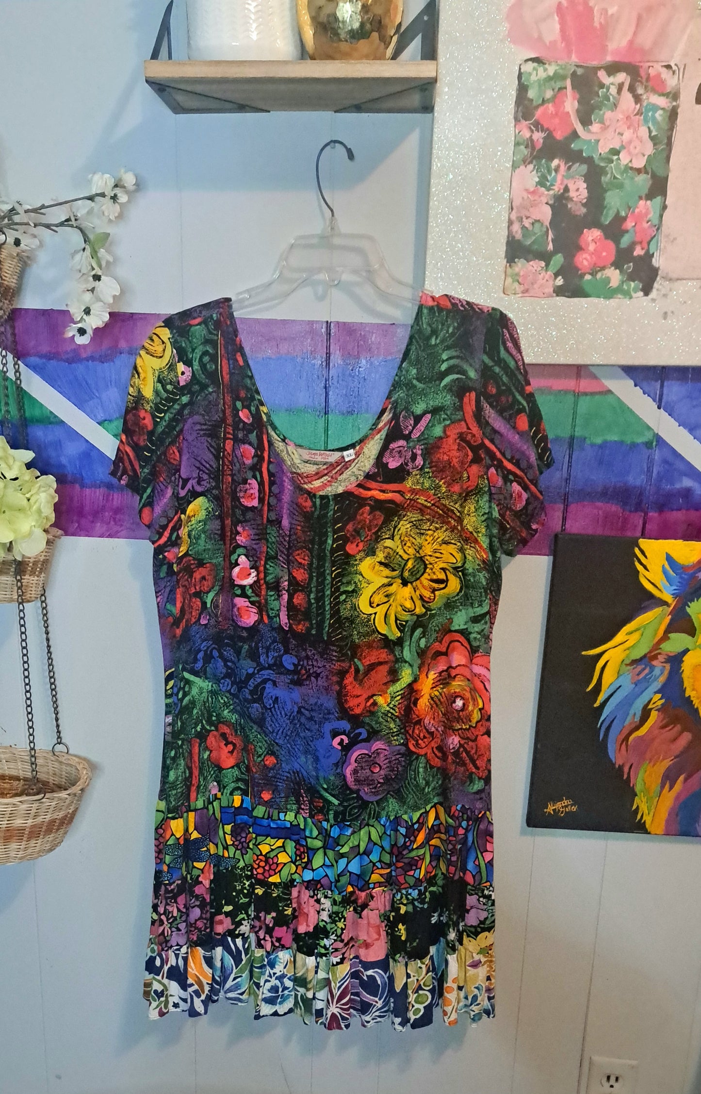Vtg Jams World Multicolored Patchwork Print Dress SZ XL ptp 24in