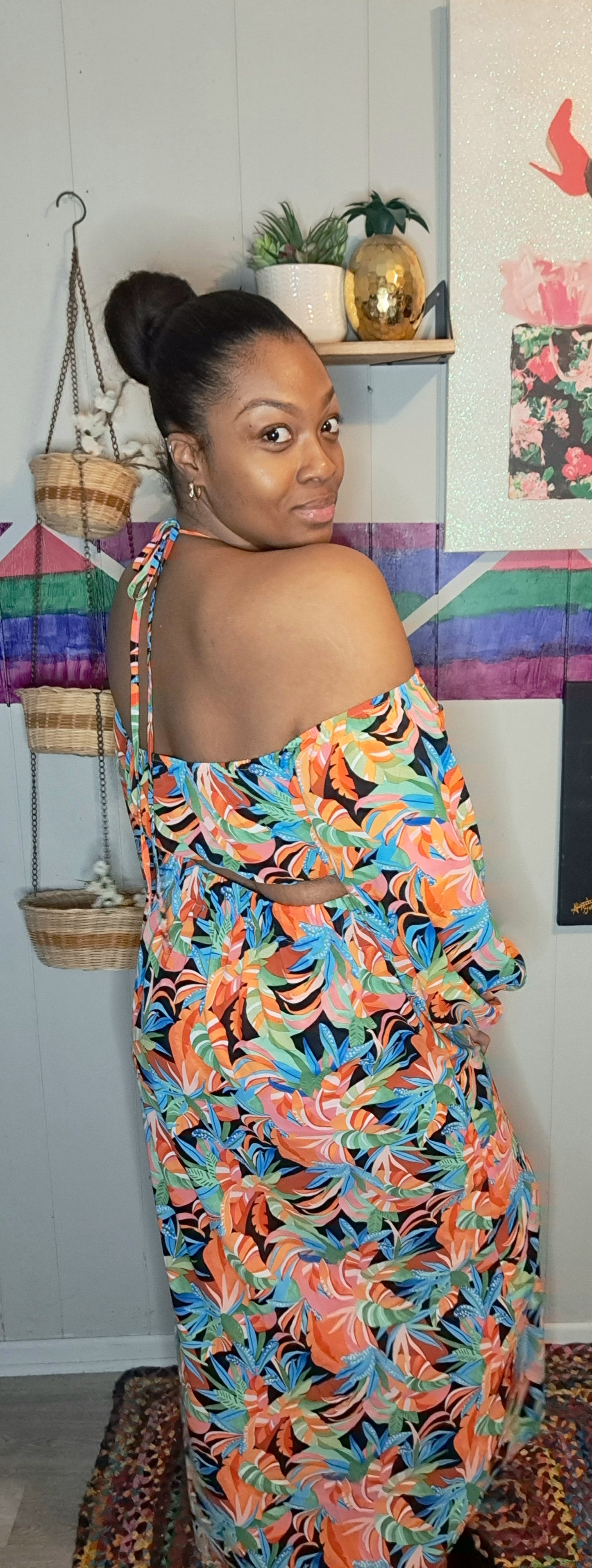 NWOT Shein Curve Floral Print Halter Maxi Dress With Front Slits SZ 1XL (Best Fits 12/14)