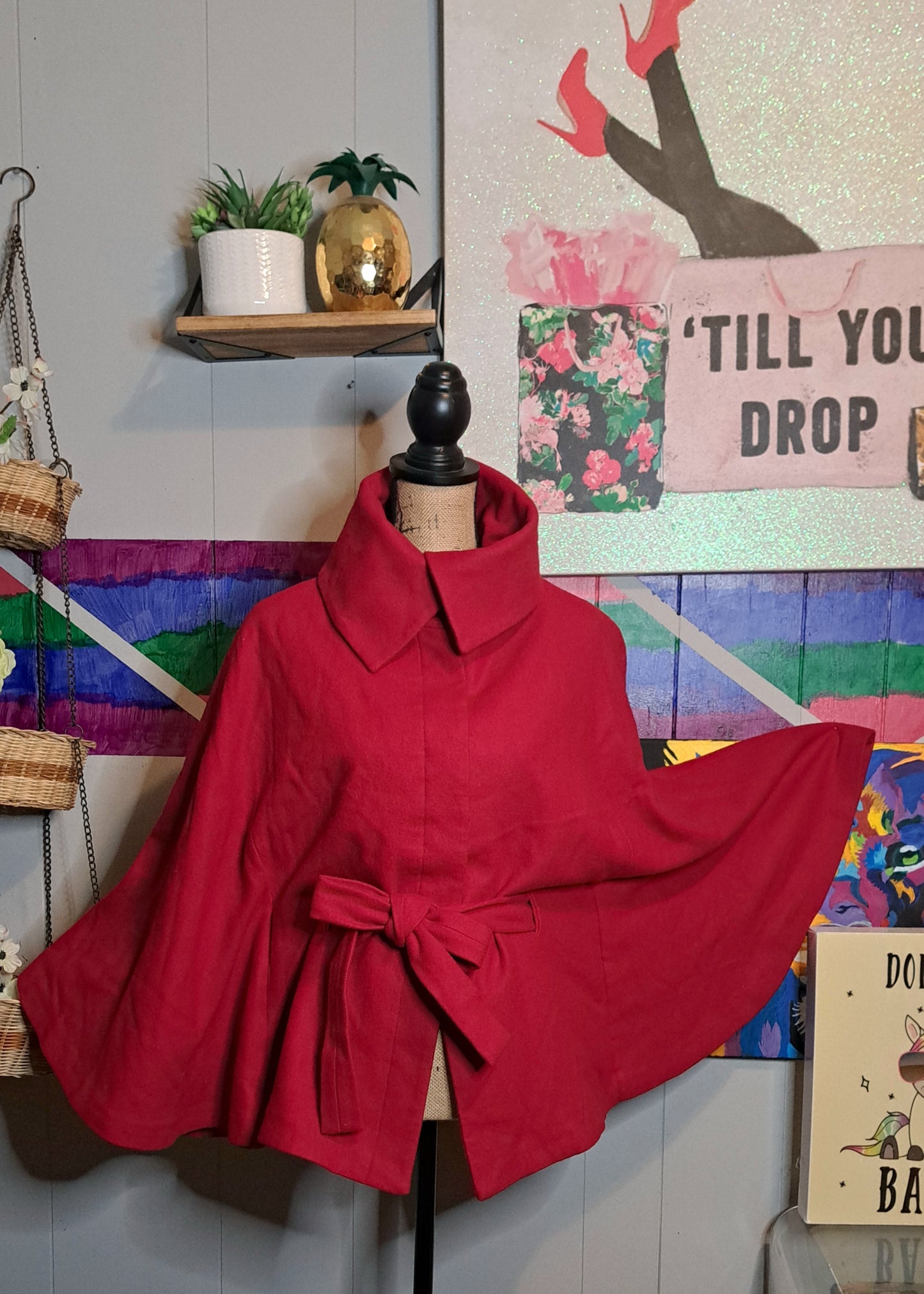 Premium Brand Camí NYC Cherry Red Wool Button Down Cape Coat with Built In Belt SZ Medium