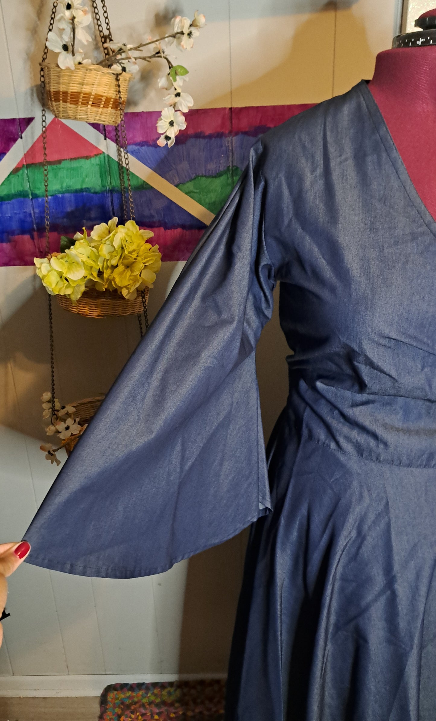 Adjustable Dark Denim Wrap Maxi Dress with Bell Sleeves (Best Fits 1X-3X) Ptp 24-27in